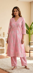 Women Lurex Cotton Co-Ord Set - Pink