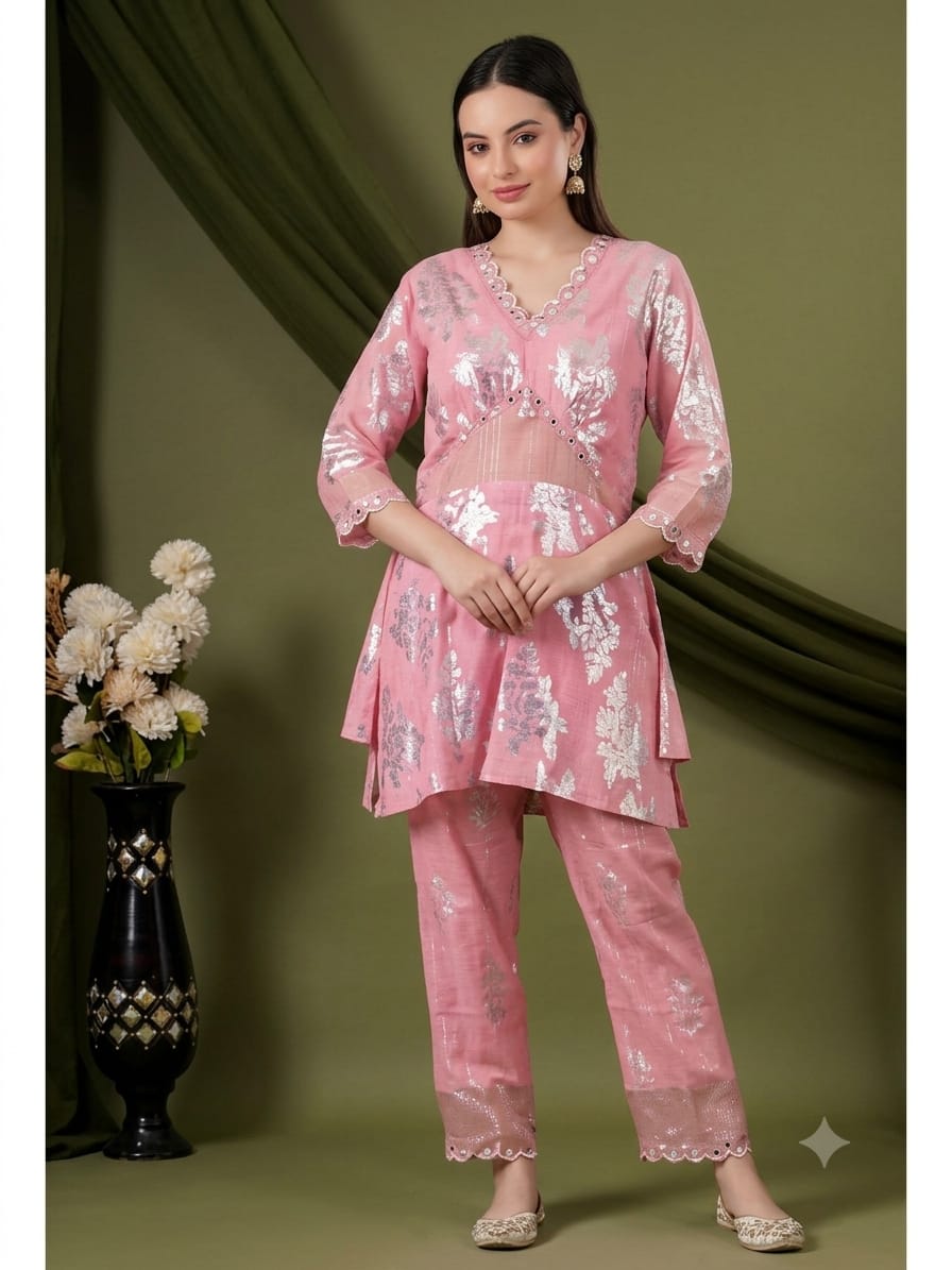 Women Lurex Cotton Co-Ord Set - Pink - Charkha TalesWomen Lurex Cotton Co-Ord Set - Pink