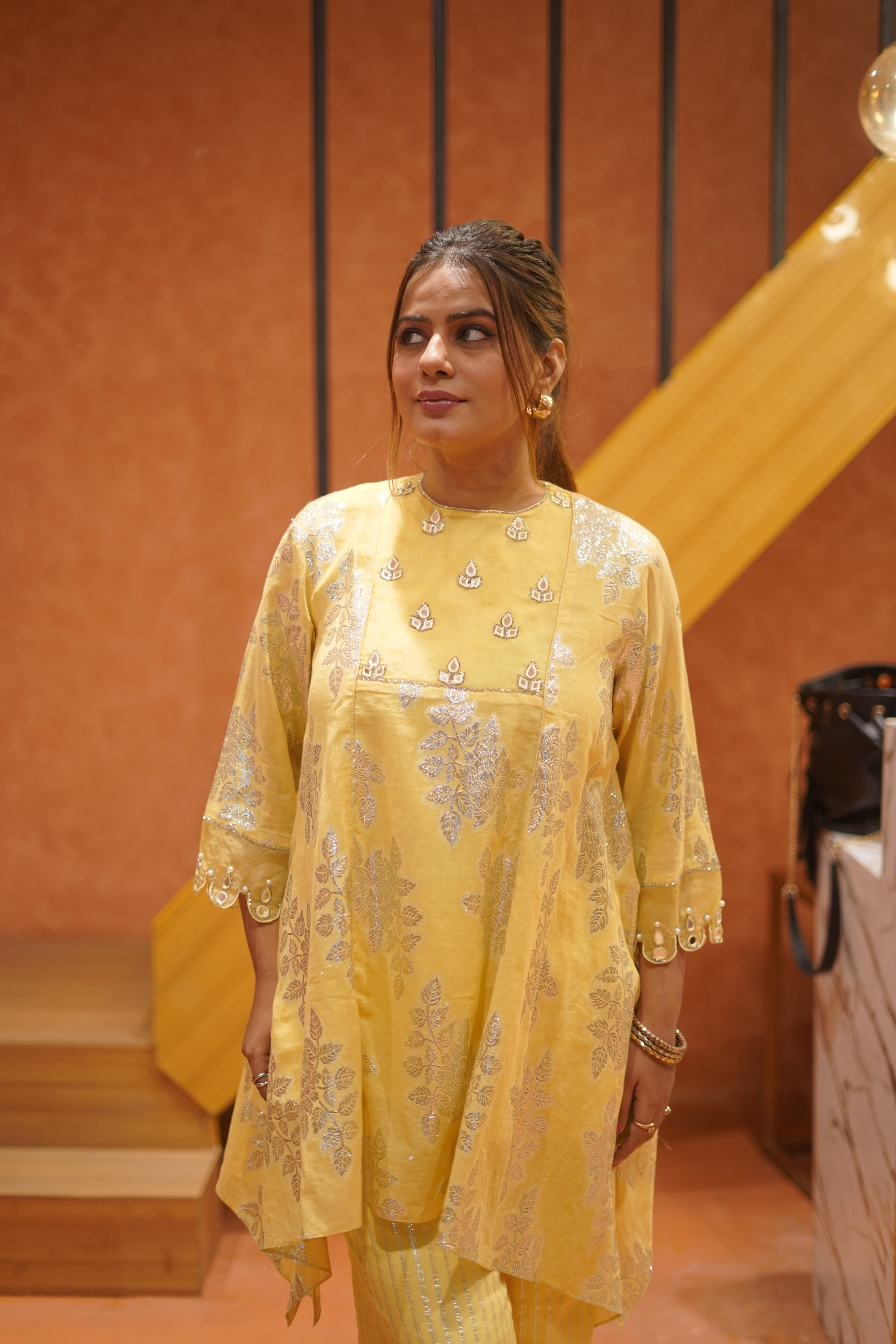 Women Lurex Cotton Co-Ord Set - Yellow - Charkha TalesWomen Lurex Cotton Co-Ord Set - Yellow