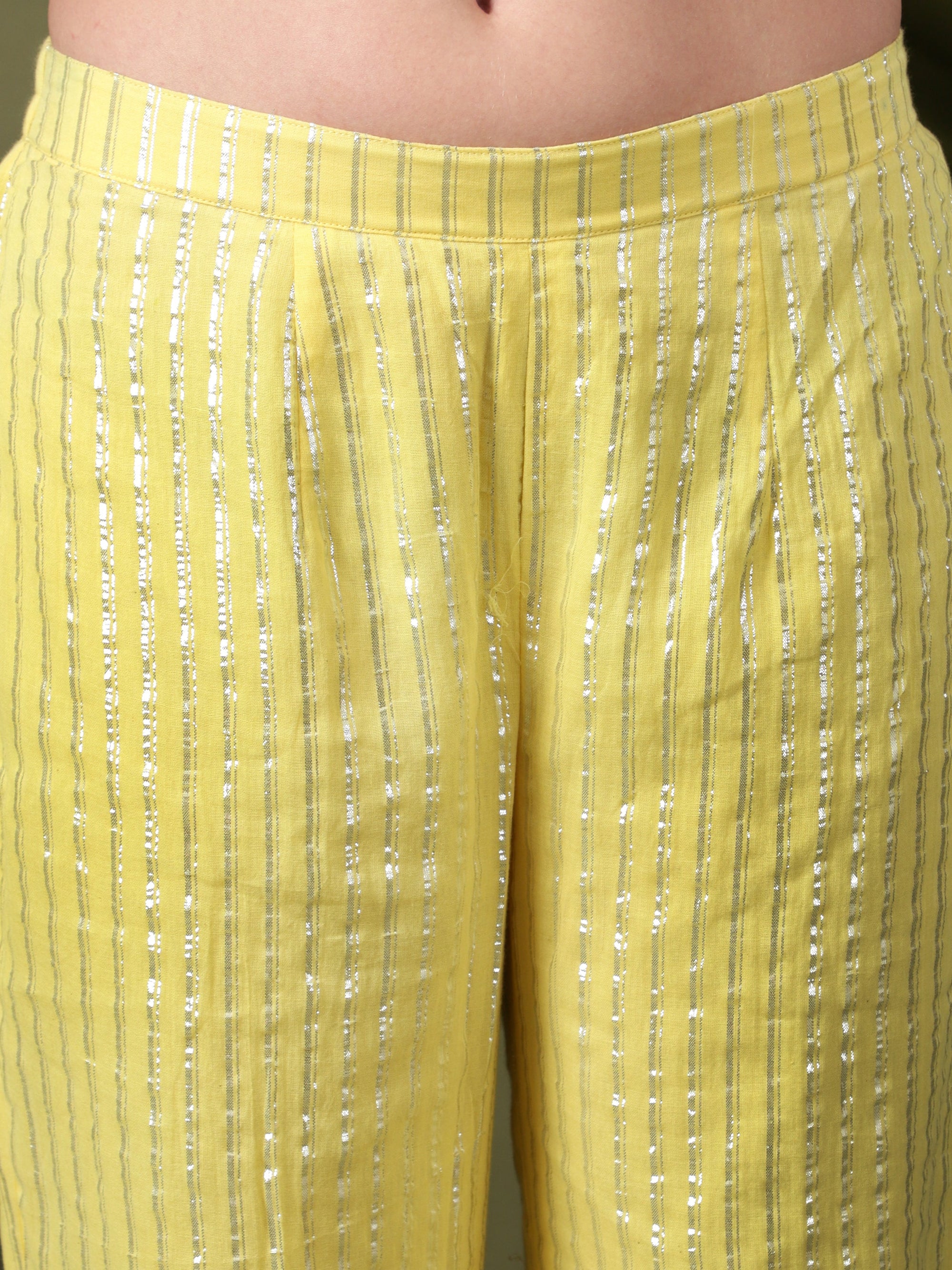 Women Lurex Cotton Co - Ord Set - Yellow - Charkha TalesWomen Lurex Cotton Co - Ord Set - Yellow