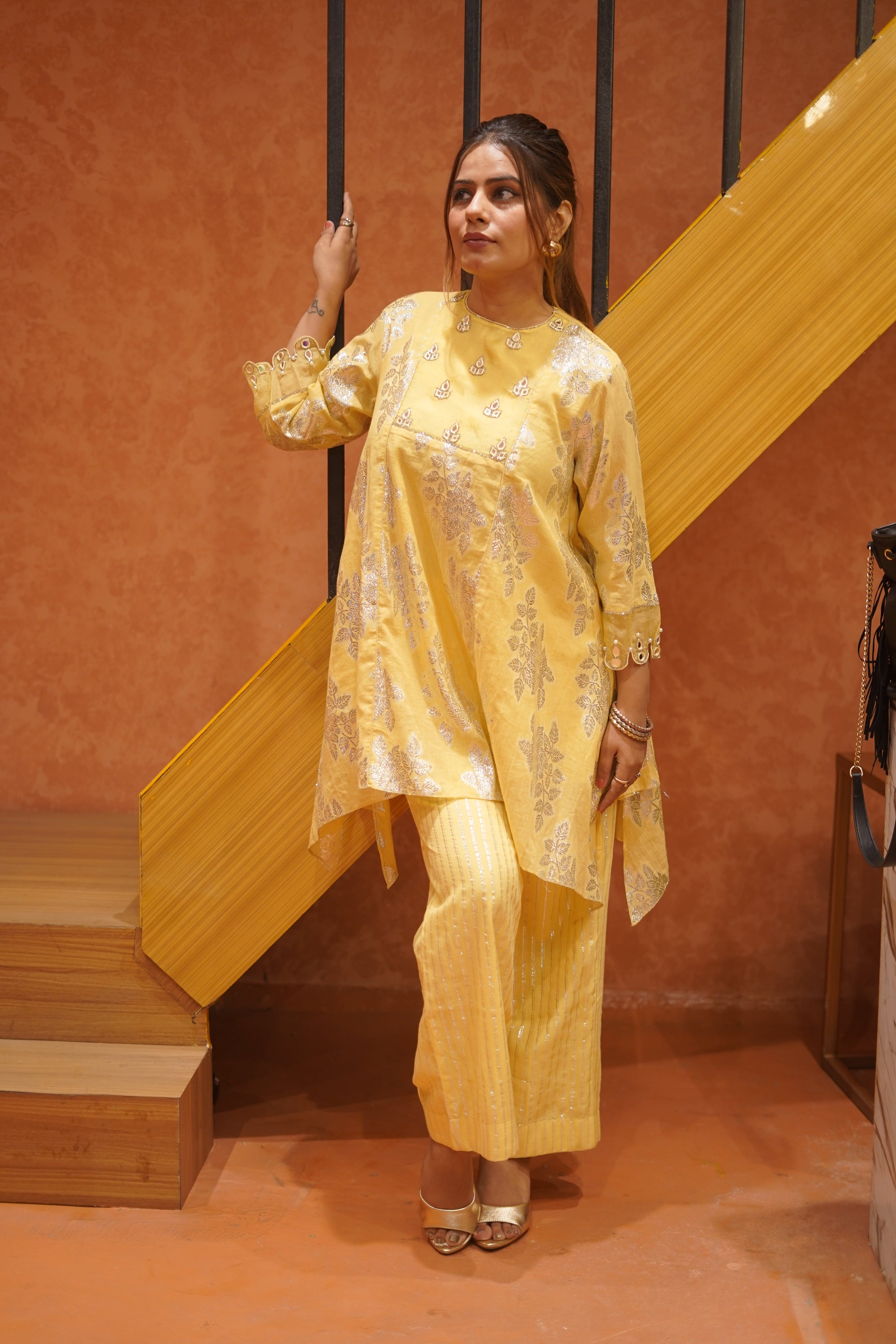 Women Lurex Cotton Co-Ord Set - Yellow - Charkha TalesWomen Lurex Cotton Co-Ord Set - Yellow