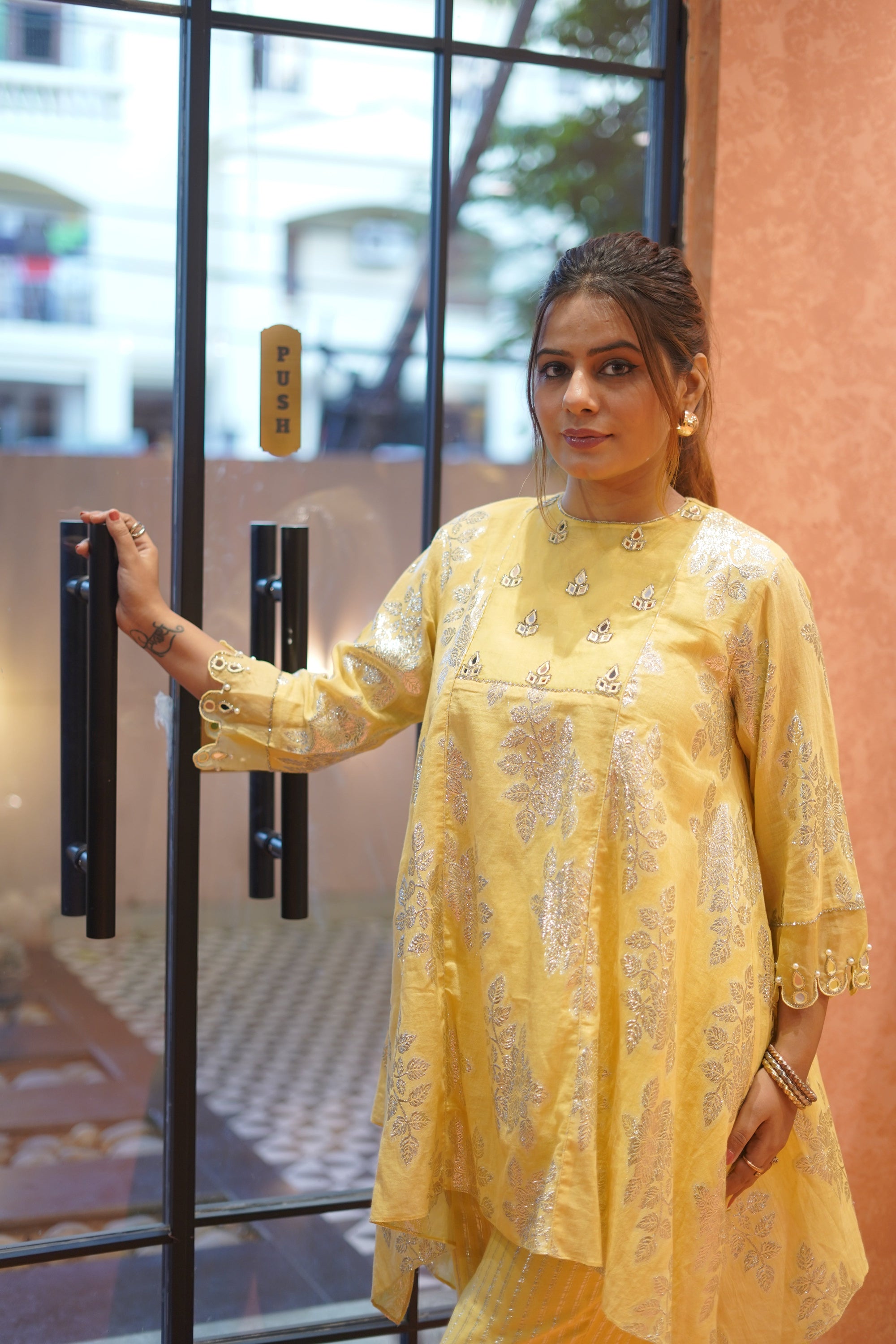 Women Lurex Cotton Co-Ord Set - Yellow - Charkha TalesWomen Lurex Cotton Co-Ord Set - Yellow