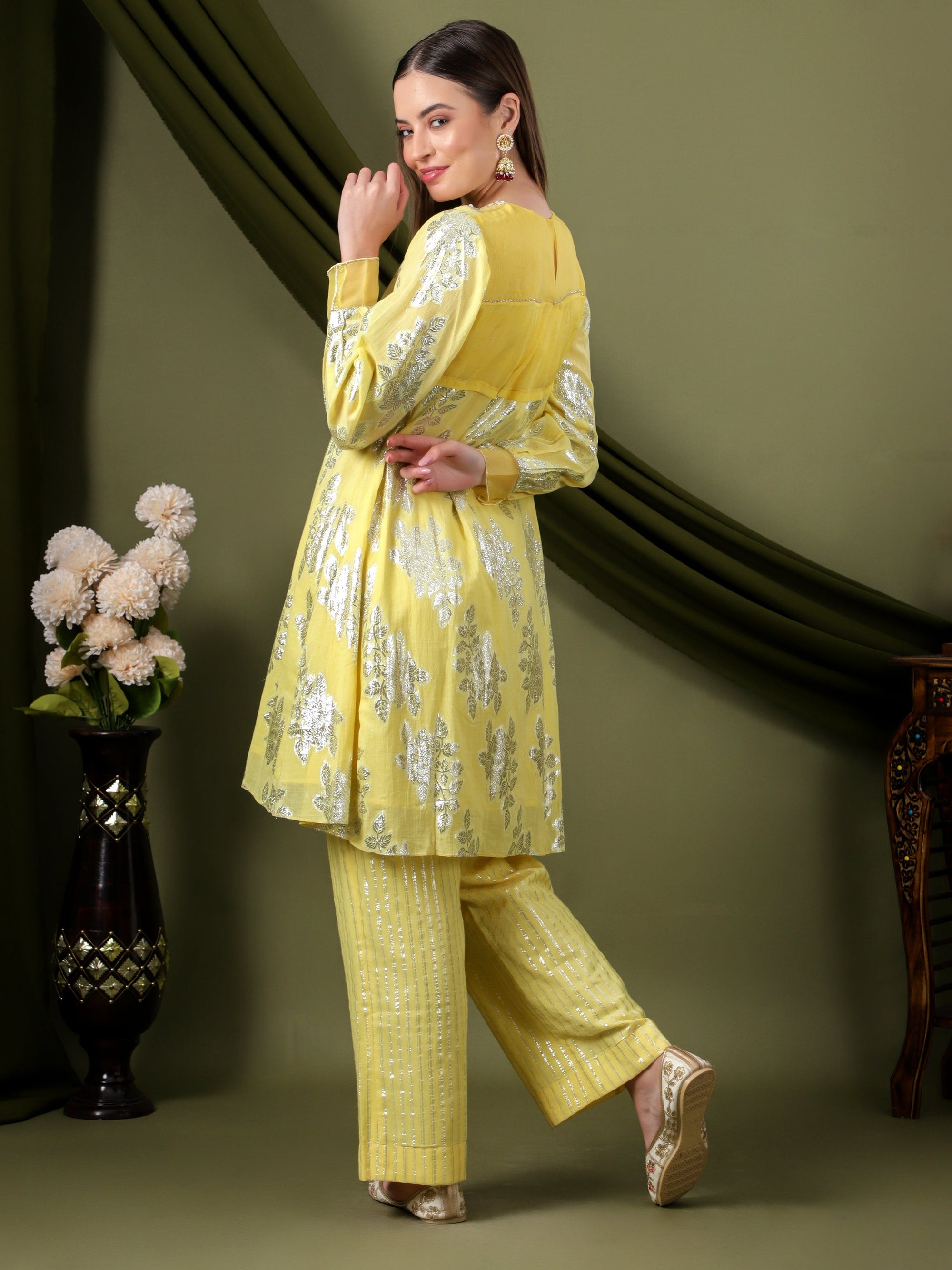 Women Lurex Mirror Work Kurta Set - Yellow - Charkha TalesWomen Lurex Mirror Work Kurta Set - Yellow