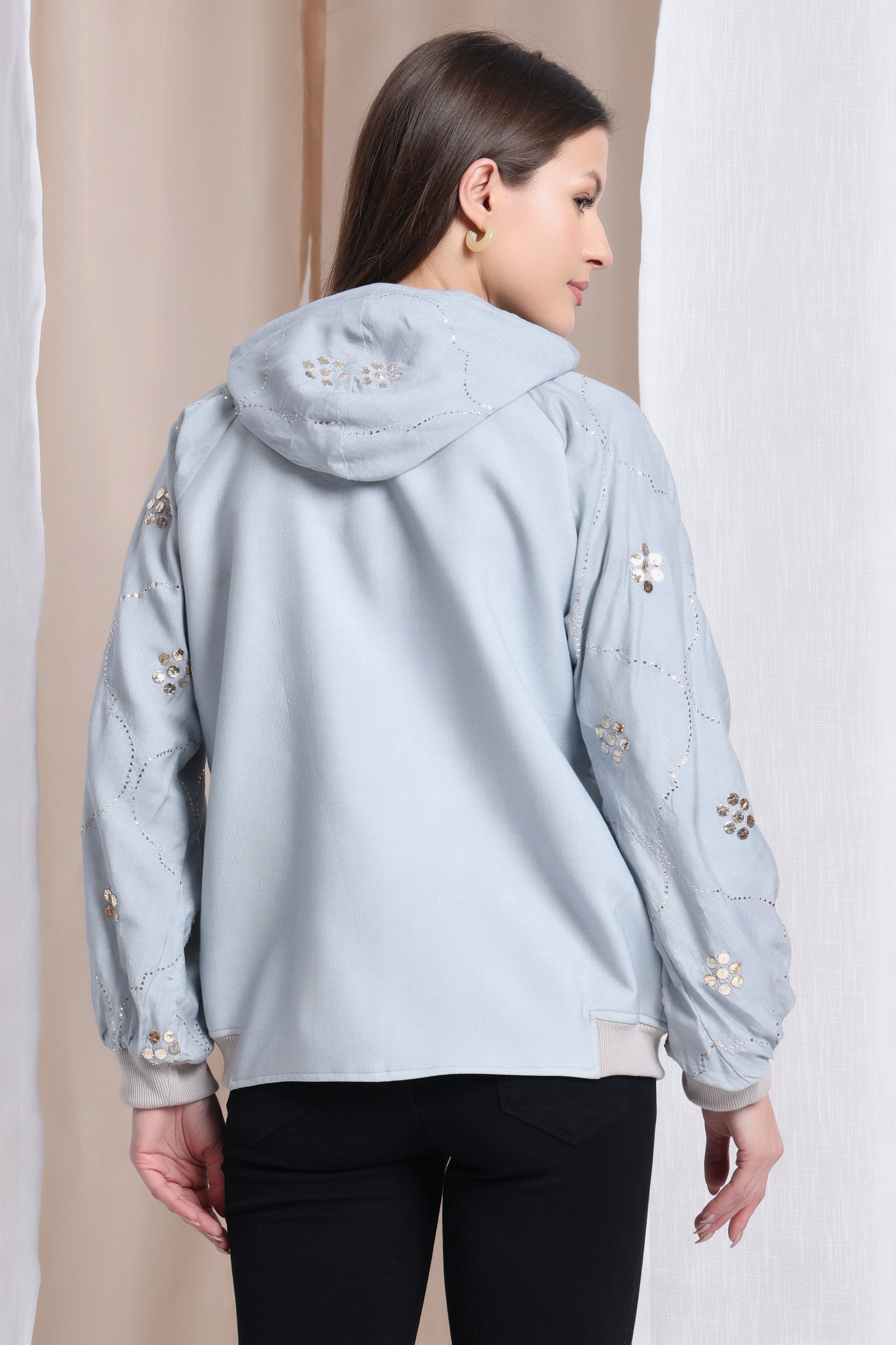 Women Muqaish Hoodie - Grey - Charkha TalesWomen Muqaish Hoodie - Grey