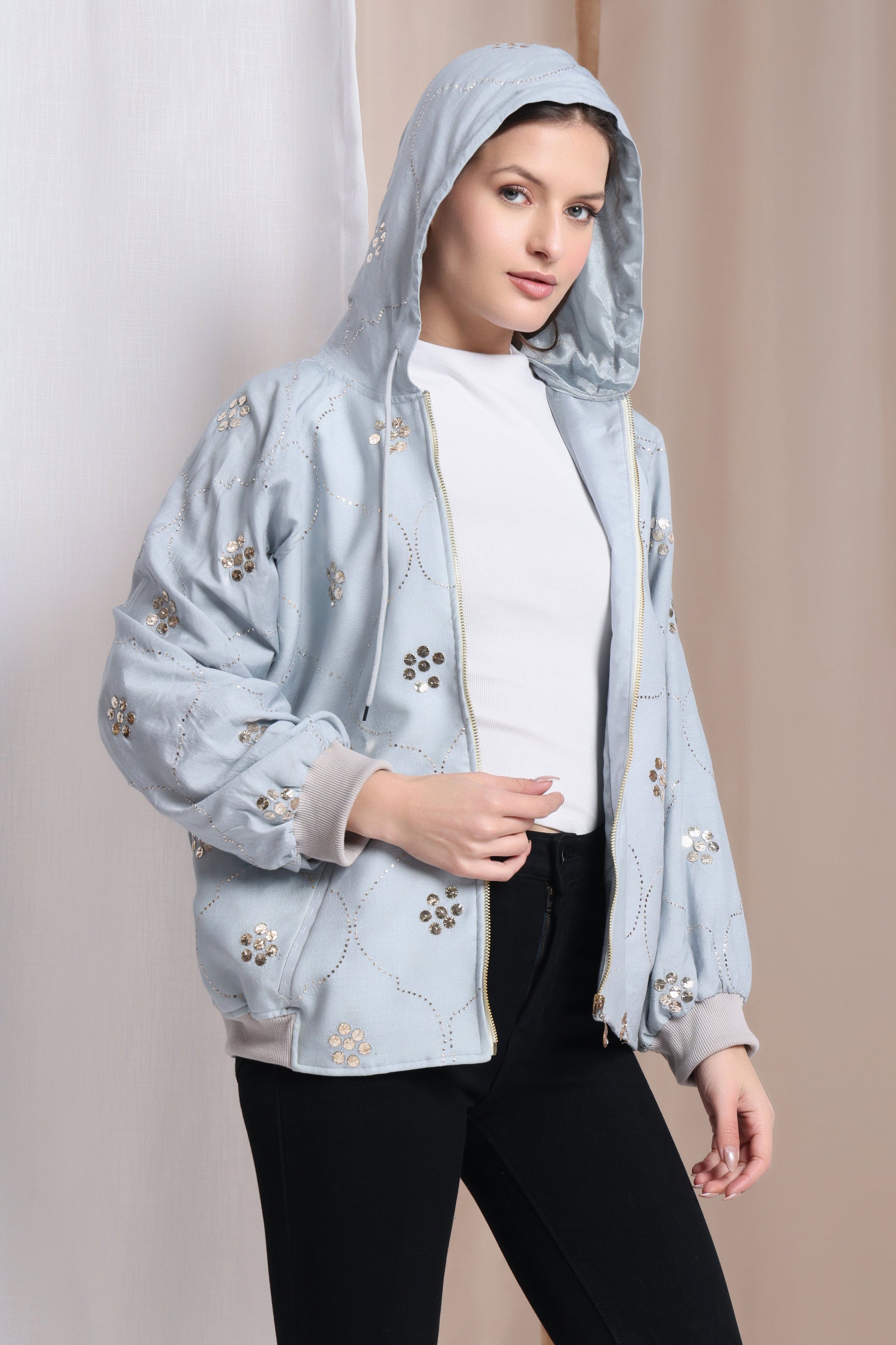 Women Muqaish Hoodie - Grey - Charkha TalesWomen Muqaish Hoodie - Grey