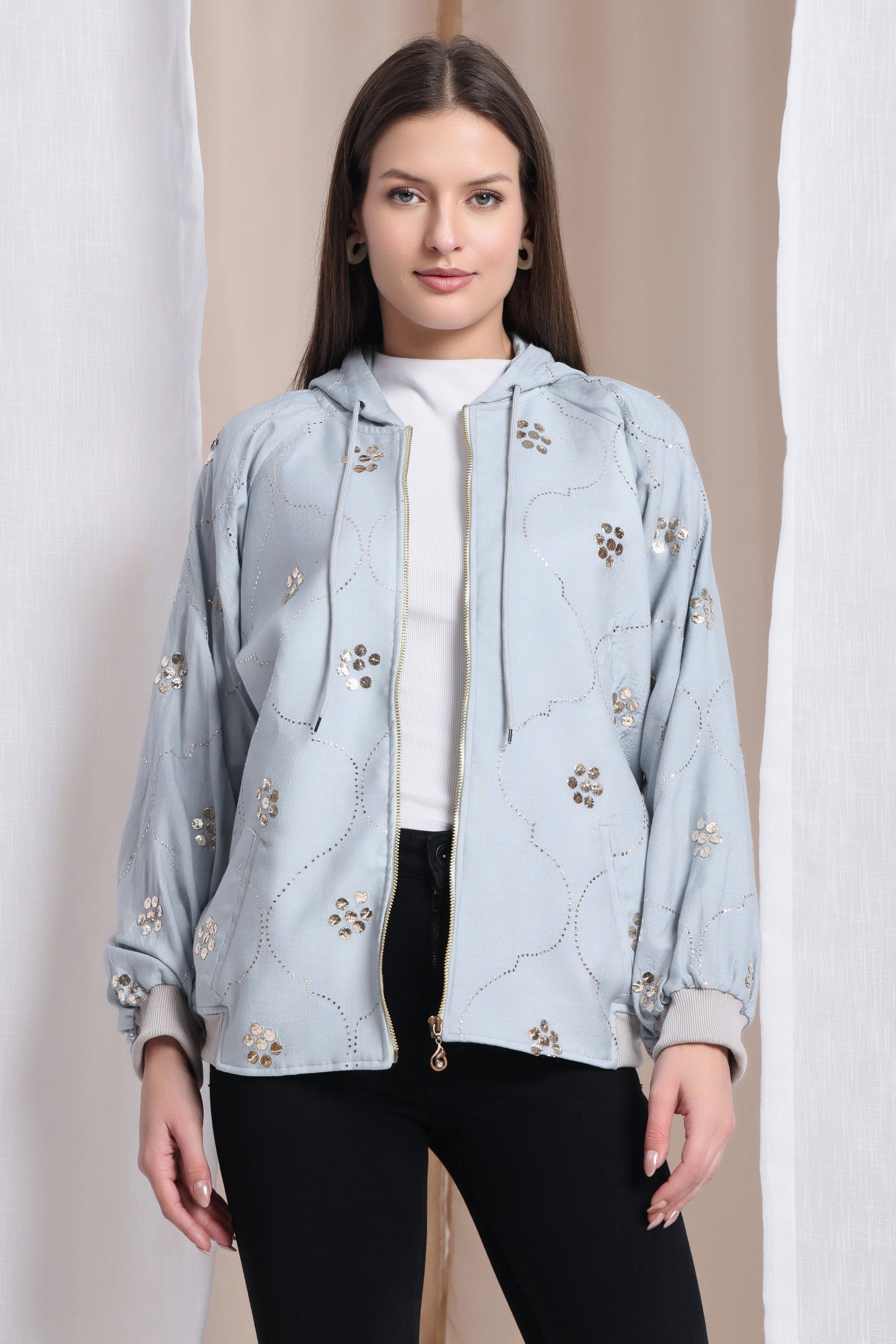 Women Muqaish Hoodie - Grey - Charkha TalesWomen Muqaish Hoodie - Grey