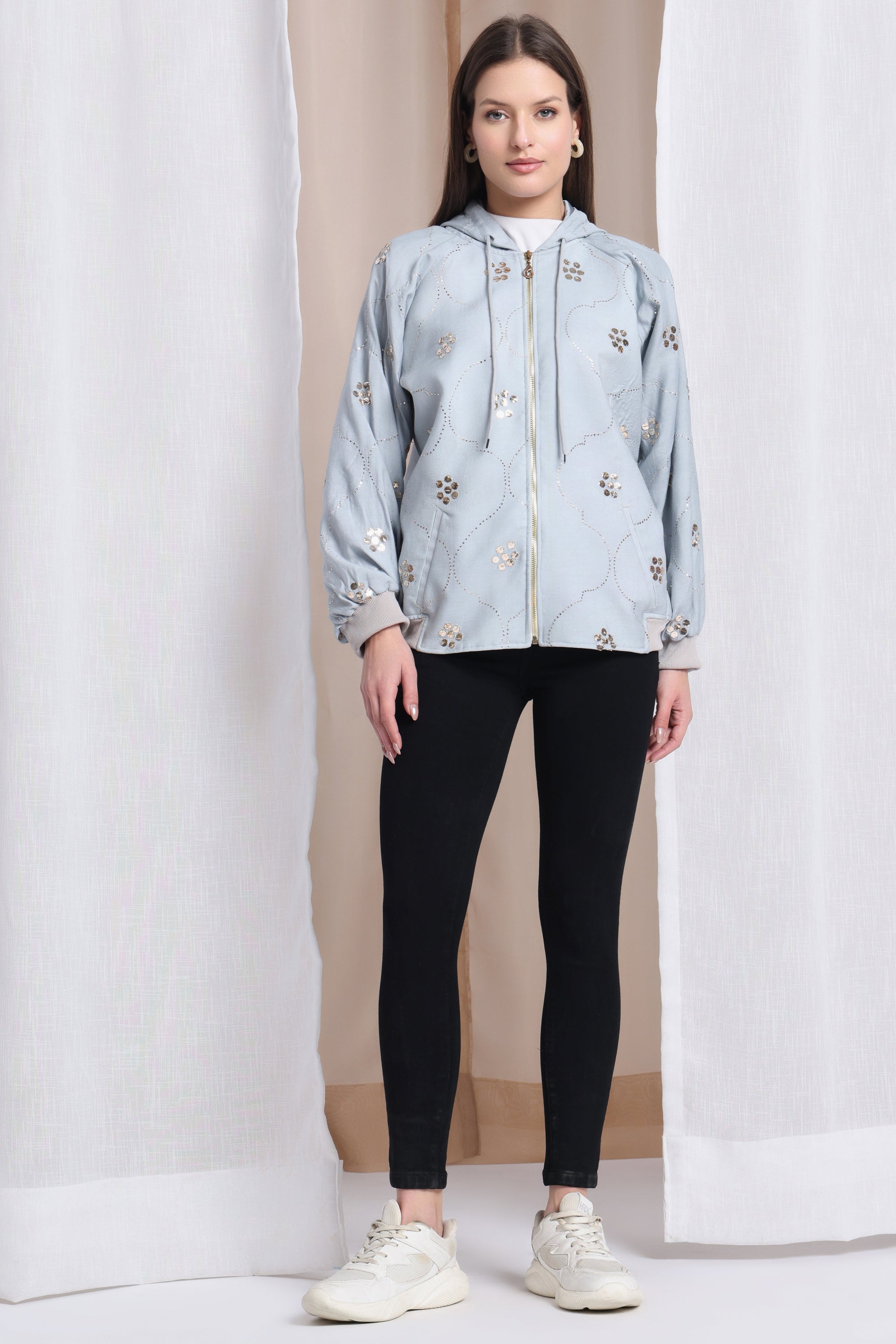 Women Muqaish Hoodie - Grey - Charkha TalesWomen Muqaish Hoodie - Grey