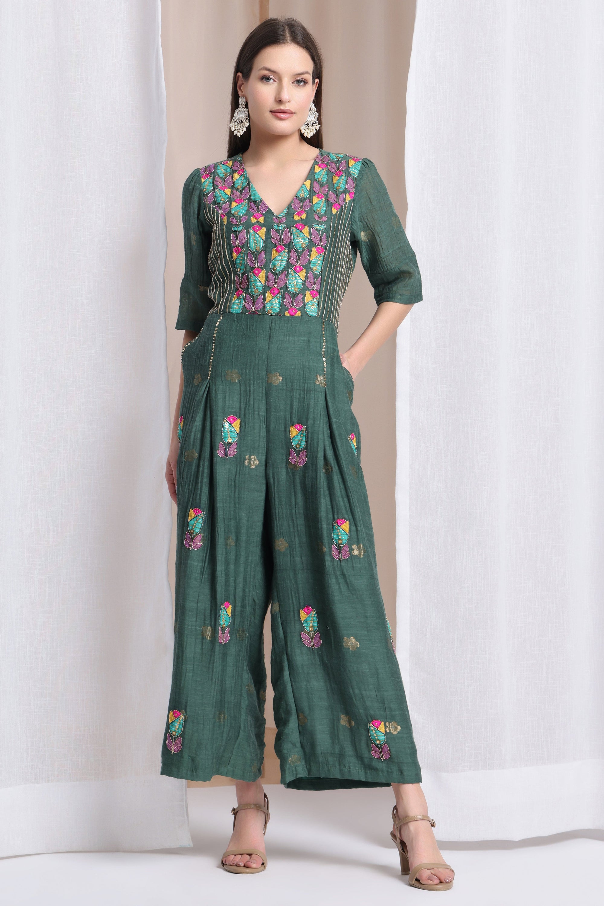 Women Zardozi Jumpsuit - Emerald Green - Charkha TalesWomen Zardozi Jumpsuit - Emerald Green