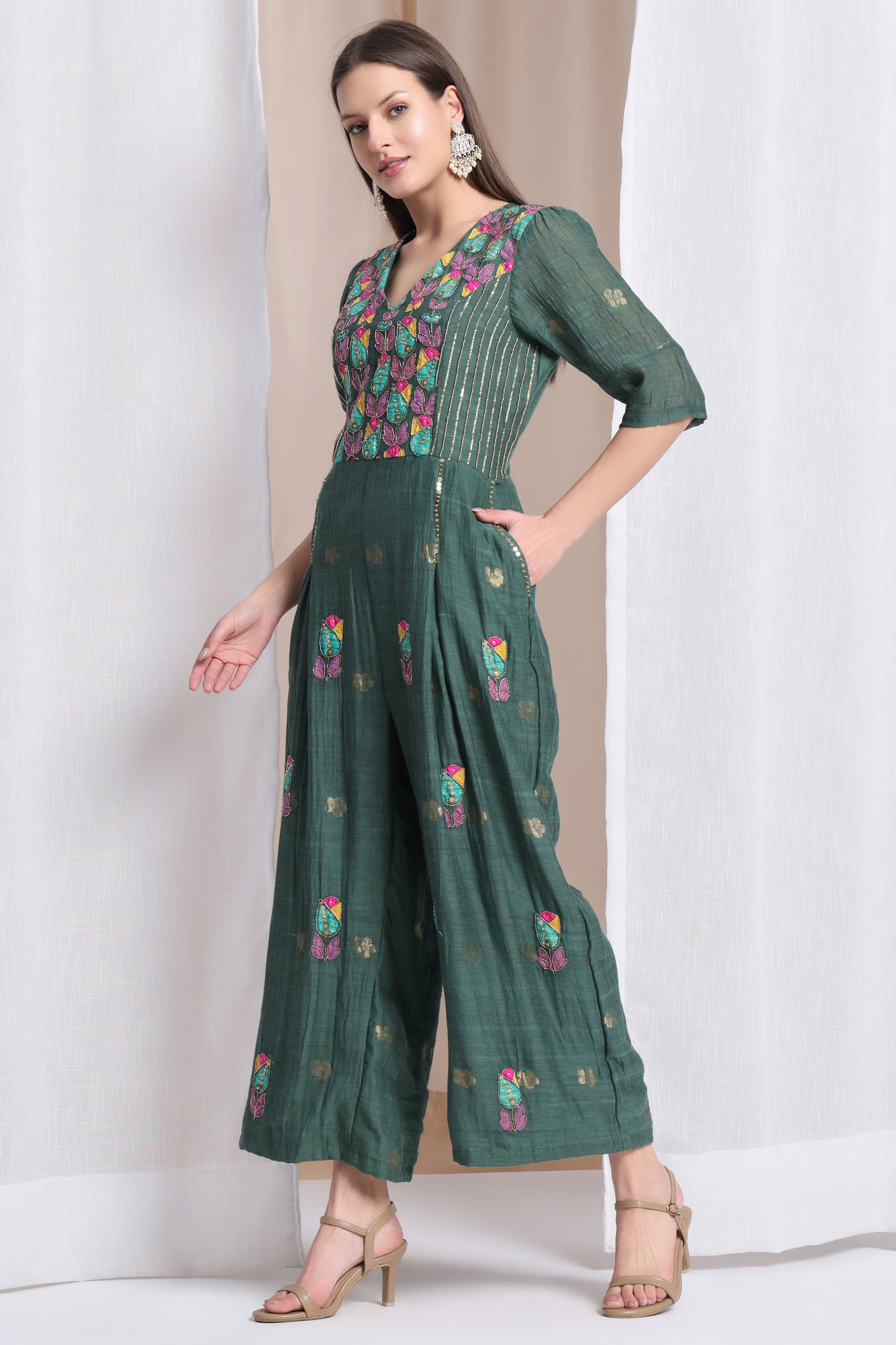Women Zardozi Jumpsuit - Emerald Green - Charkha TalesWomen Zardozi Jumpsuit - Emerald Green