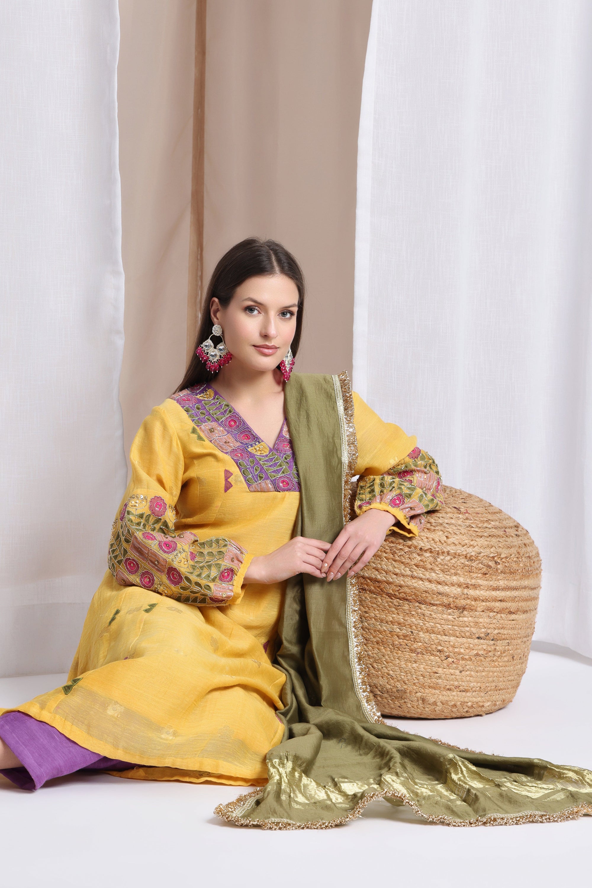 Women Zardozi Work kurta Set of 3 - Yellow - Charkha TalesWomen Zardozi Work kurta Set of 3 - Yellow