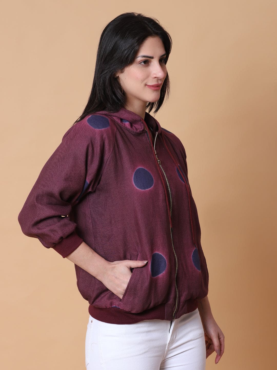 Woolen Hoodie Tie & Dye Jacket - Majenta - Charkha TalesWoolen Hoodie Tie & Dye Jacket - Majenta