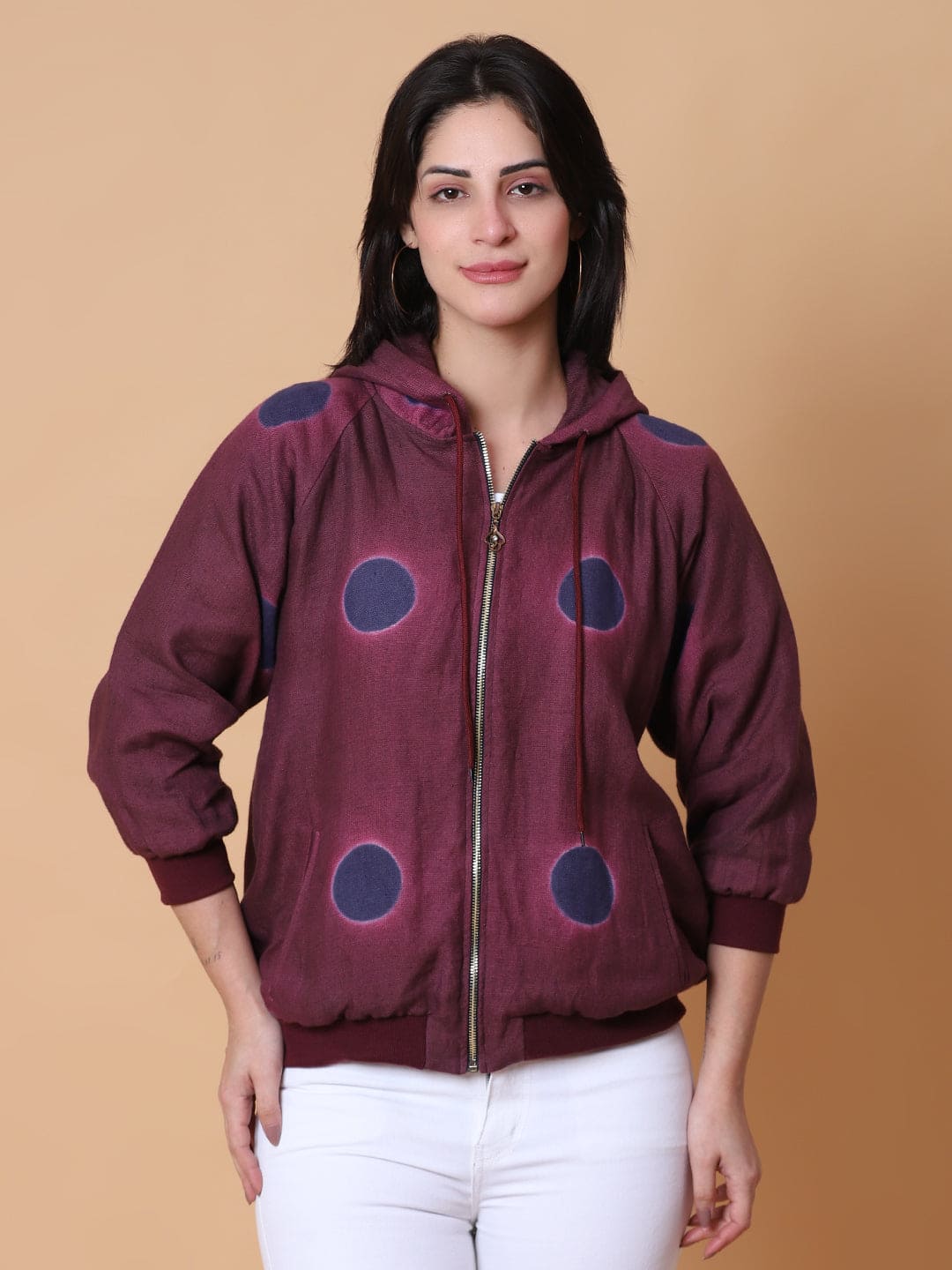 Woolen Hoodie Tie & Dye Jacket - Majenta - Charkha TalesWoolen Hoodie Tie & Dye Jacket - Majenta