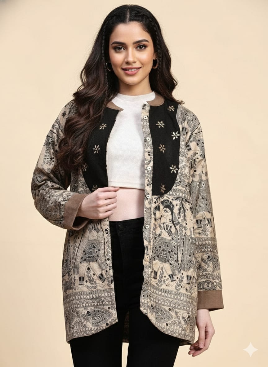 Woolen Mukaish Work Jacket - Z - BLACK - Charkha TalesWoolen Mukaish Work Jacket - Z - BLACK