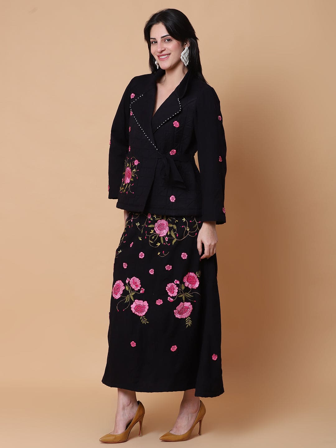 Woolen Skirt & Top Set - Black - Charkha TalesWoolen Skirt & Top Set - Black