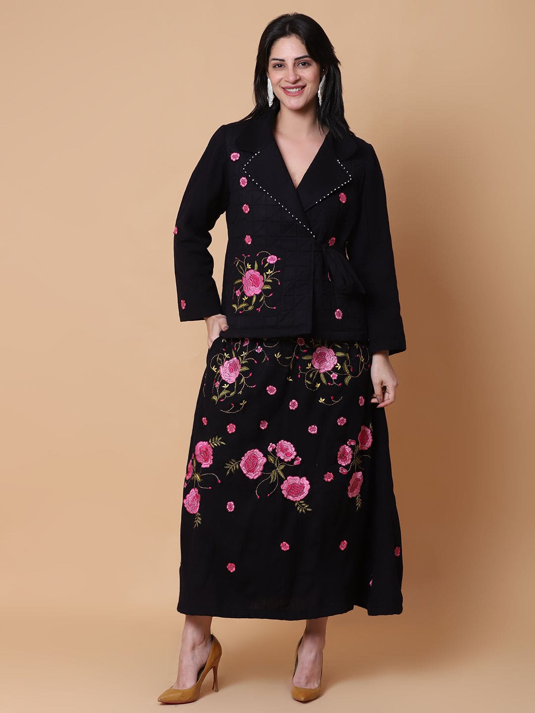 Woolen Skirt & Top Set - Black - Charkha TalesWoolen Skirt & Top Set - Black