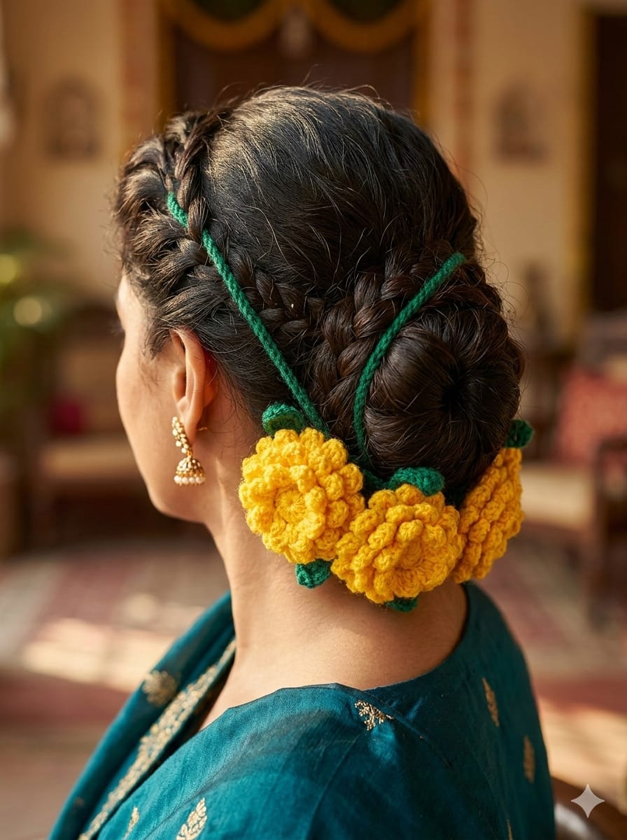 Yellow And Green Hand Crochet Gajra - Charkha TalesYellow And Green Hand Crochet Gajra