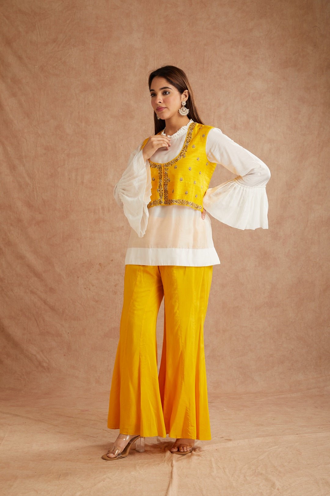 Yellow Embroidered Shirt & Sharara With Jacket - Charkha TalesYellow Embroidered Shirt & Sharara With Jacket