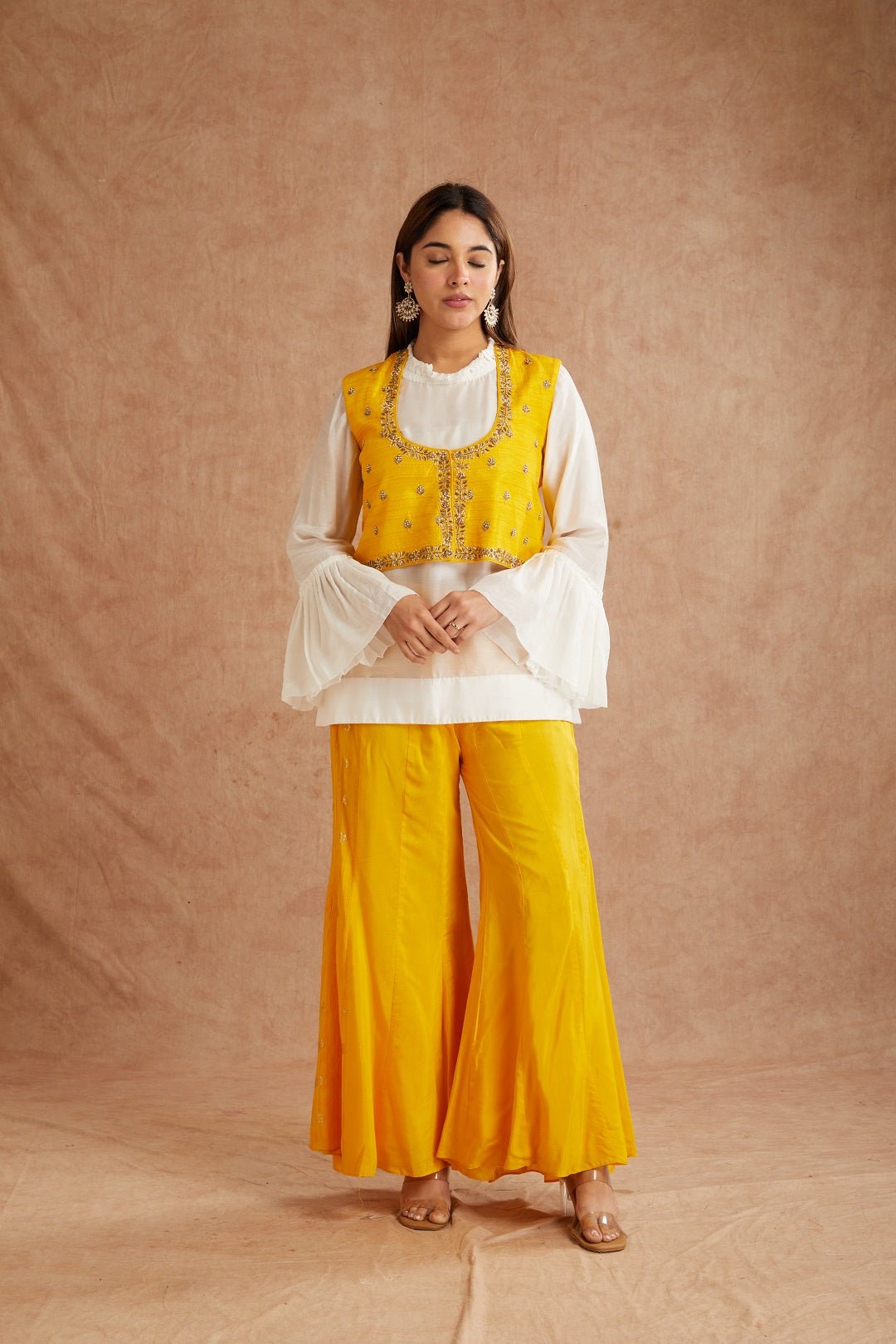 Yellow Embroidered Shirt & Sharara With Jacket - Charkha TalesYellow Embroidered Shirt & Sharara With Jacket