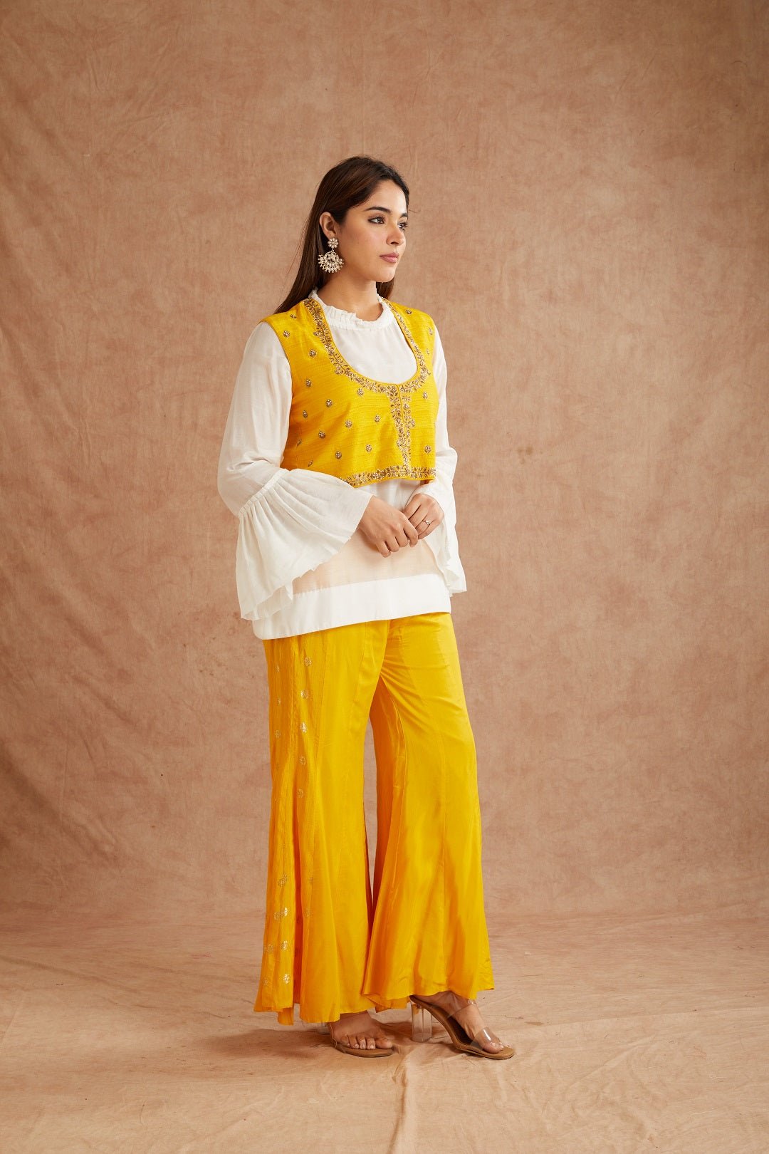 Yellow Embroidered Shirt & Sharara With Jacket - Charkha TalesYellow Embroidered Shirt & Sharara With Jacket
