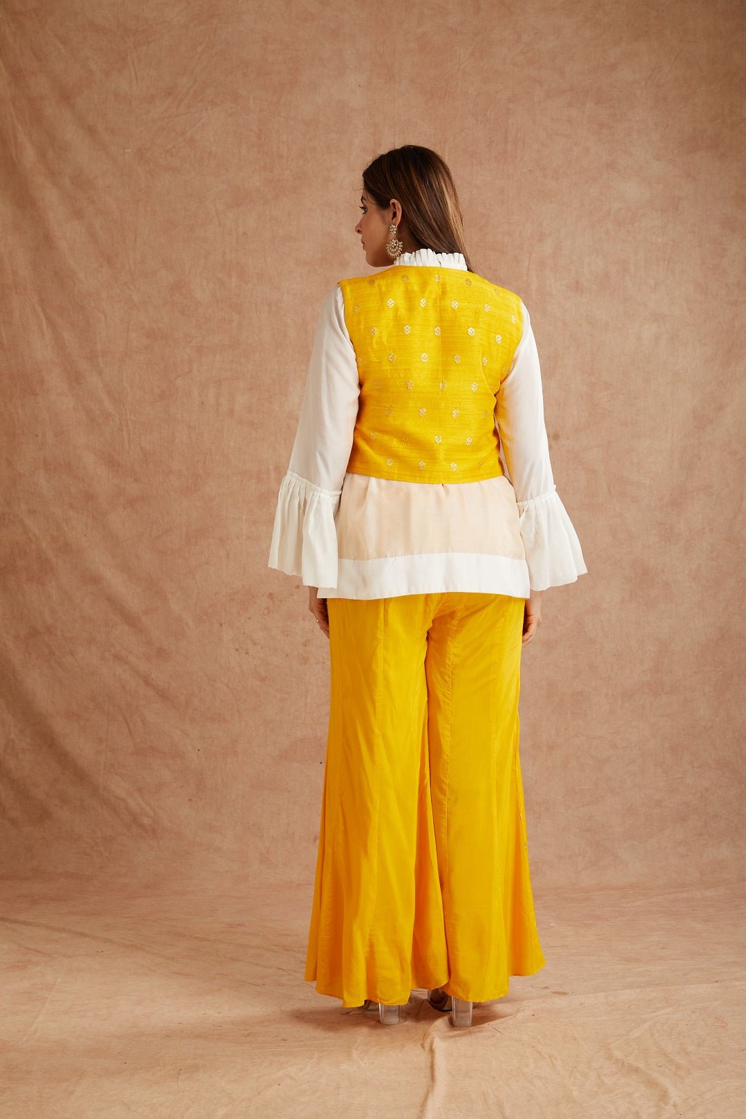 Yellow Embroidered Shirt &amp; Sharara With Jacket - Charkha TalesYellow Embroidered Shirt &amp; Sharara With Jacket