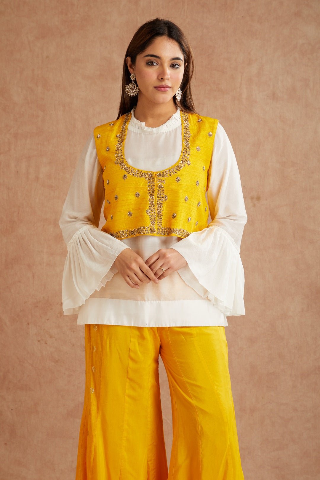 Yellow Embroidered Shirt & Sharara With Jacket - Charkha TalesYellow Embroidered Shirt & Sharara With Jacket
