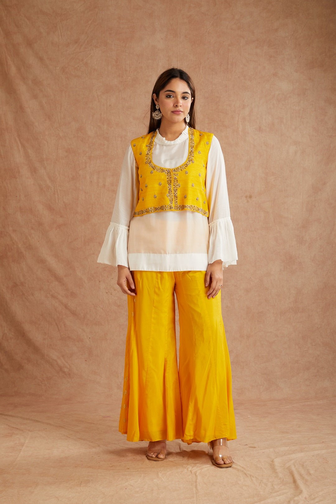 Yellow Embroidered Shirt & Sharara With Jacket - Charkha TalesYellow Embroidered Shirt & Sharara With Jacket