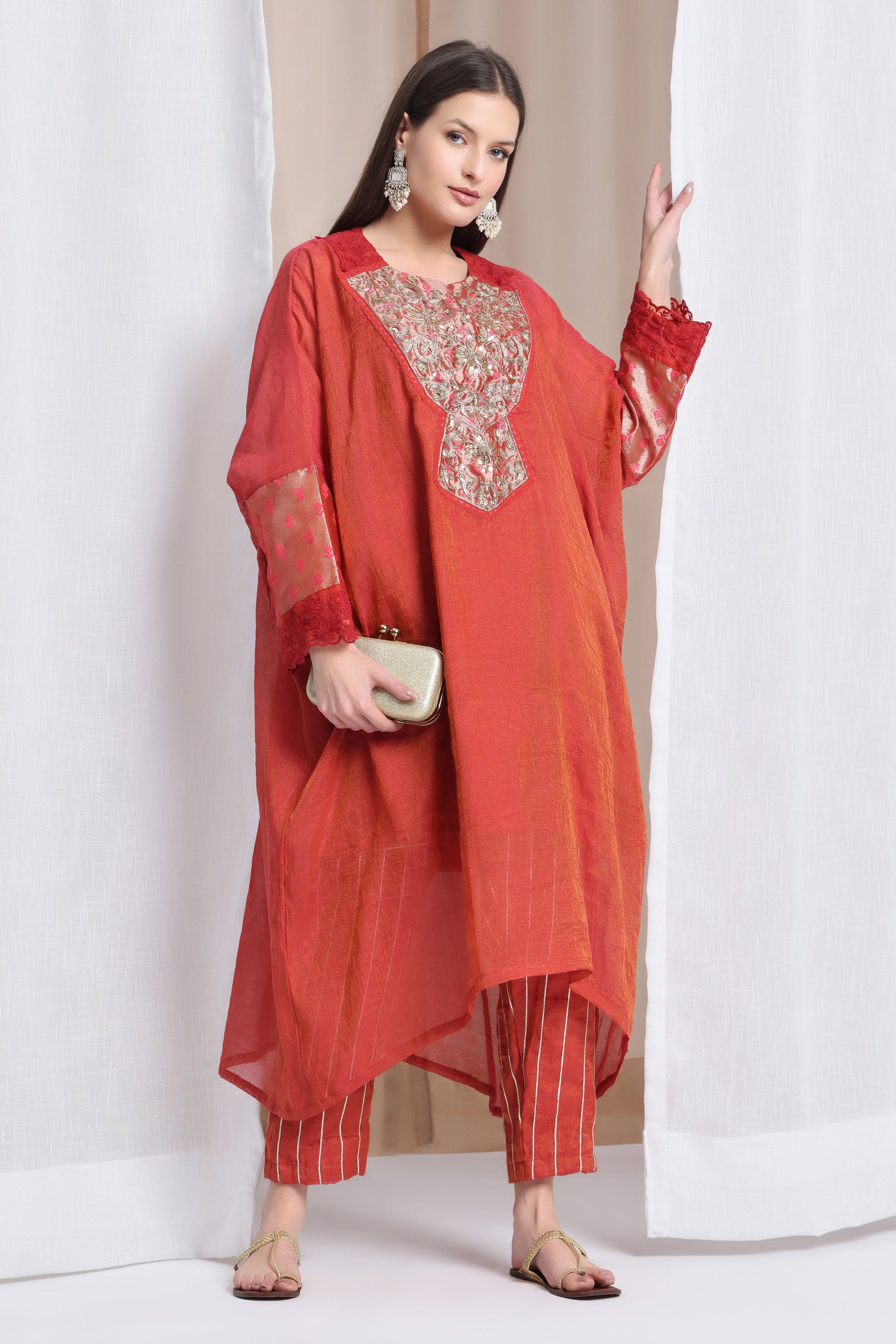 Zardozi Antifit Chanderi Kurta Set - Rust - Charkha TalesZardozi Antifit Chanderi Kurta Set - Rust