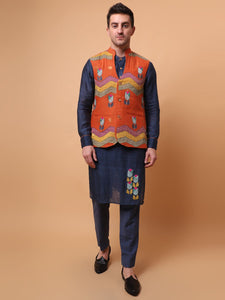 Zardozi & Patch Work Men Kurta Set - Blue