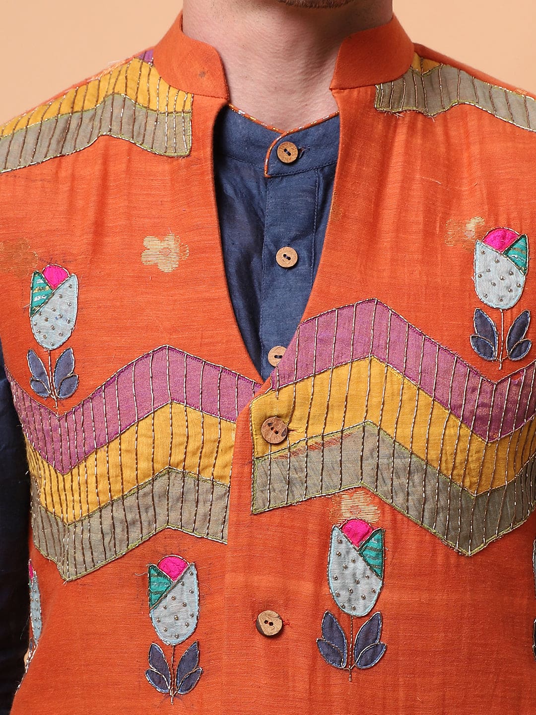 Zardozi & Patch Work Men Kurta Set - Blue - Charkha TalesZardozi & Patch Work Men Kurta Set - Blue