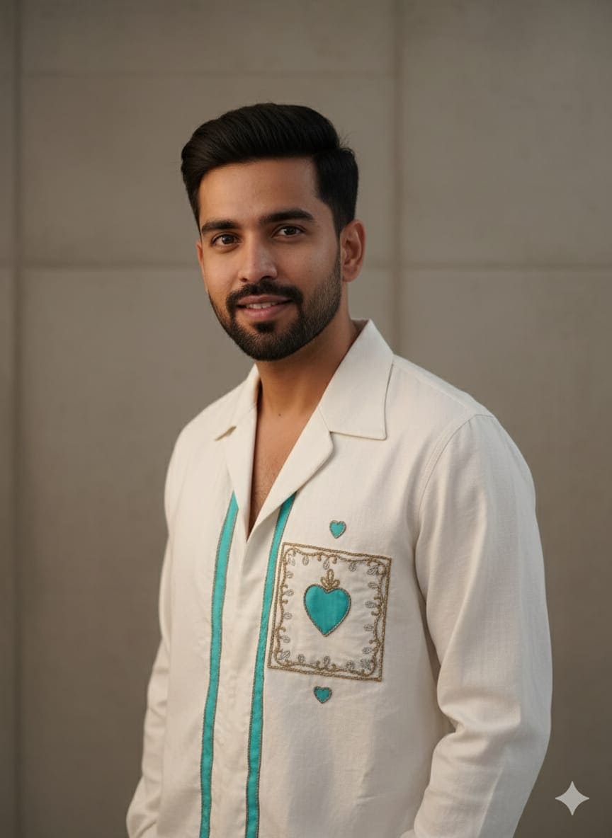 Zardozi Patch Work Men Shirt - Off - White - Charkha TalesZardozi Patch Work Men Shirt - Off - White