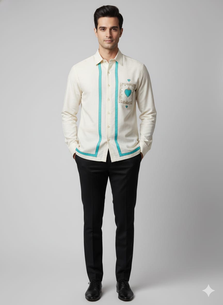 Zardozi Patch Work Men Shirt - Off - White - Charkha TalesZardozi Patch Work Men Shirt - Off - White