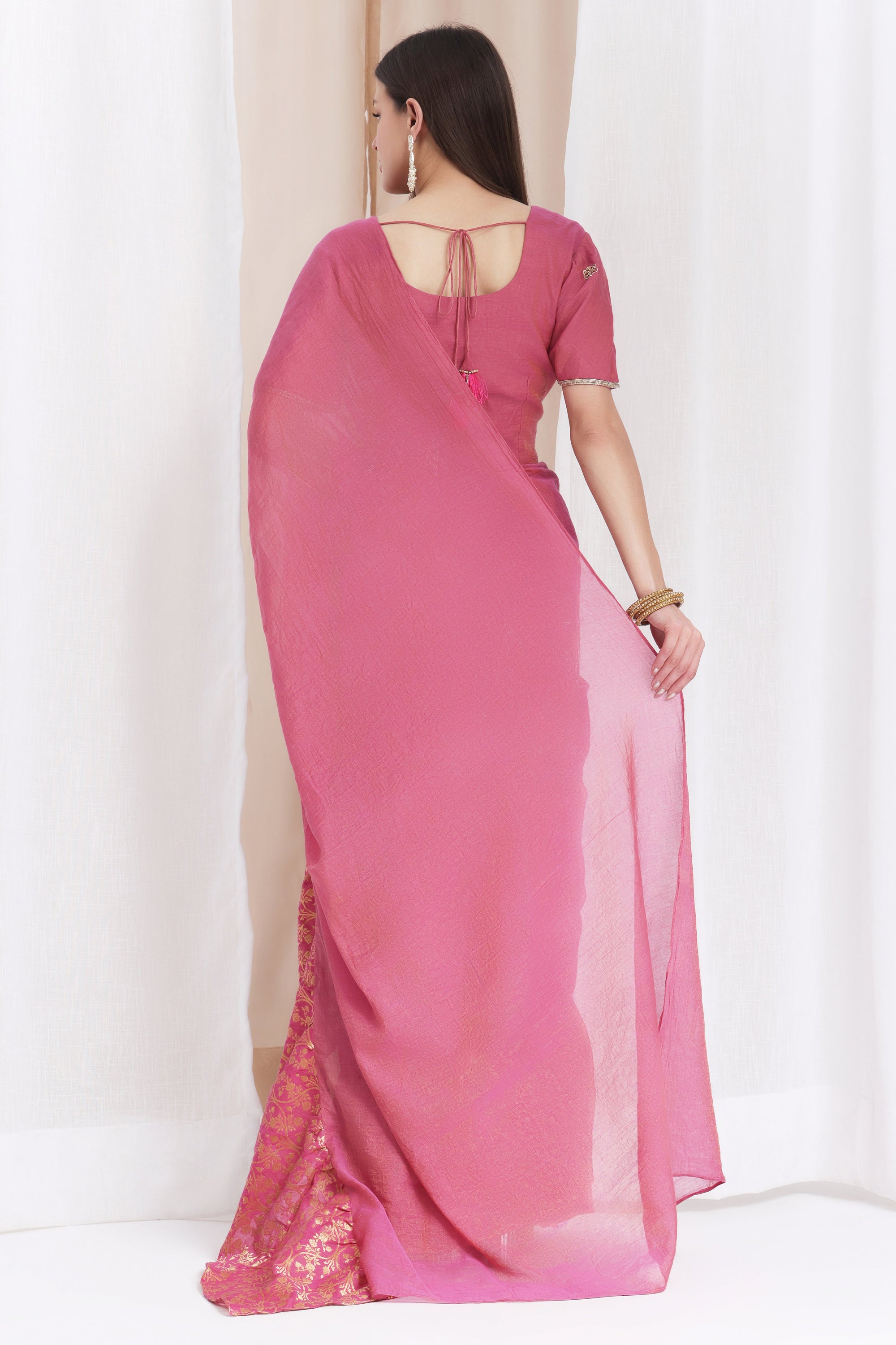 Zardozi Ruffle Saree with Blouse - Pink - Charkha TalesZardozi Ruffle Saree with Blouse - Pink