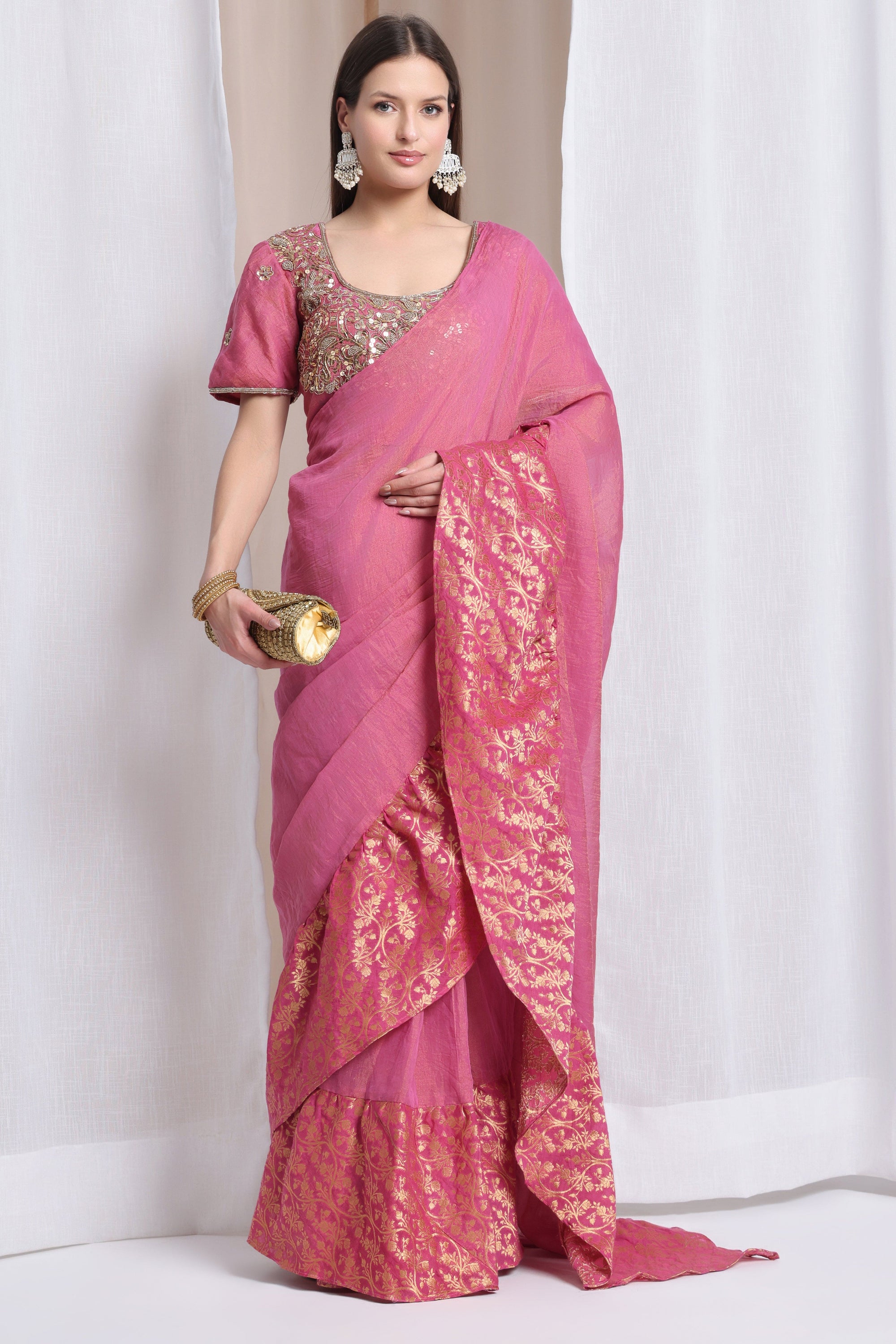 Zardozi Ruffle Saree with Blouse - Pink - Charkha TalesZardozi Ruffle Saree with Blouse - Pink