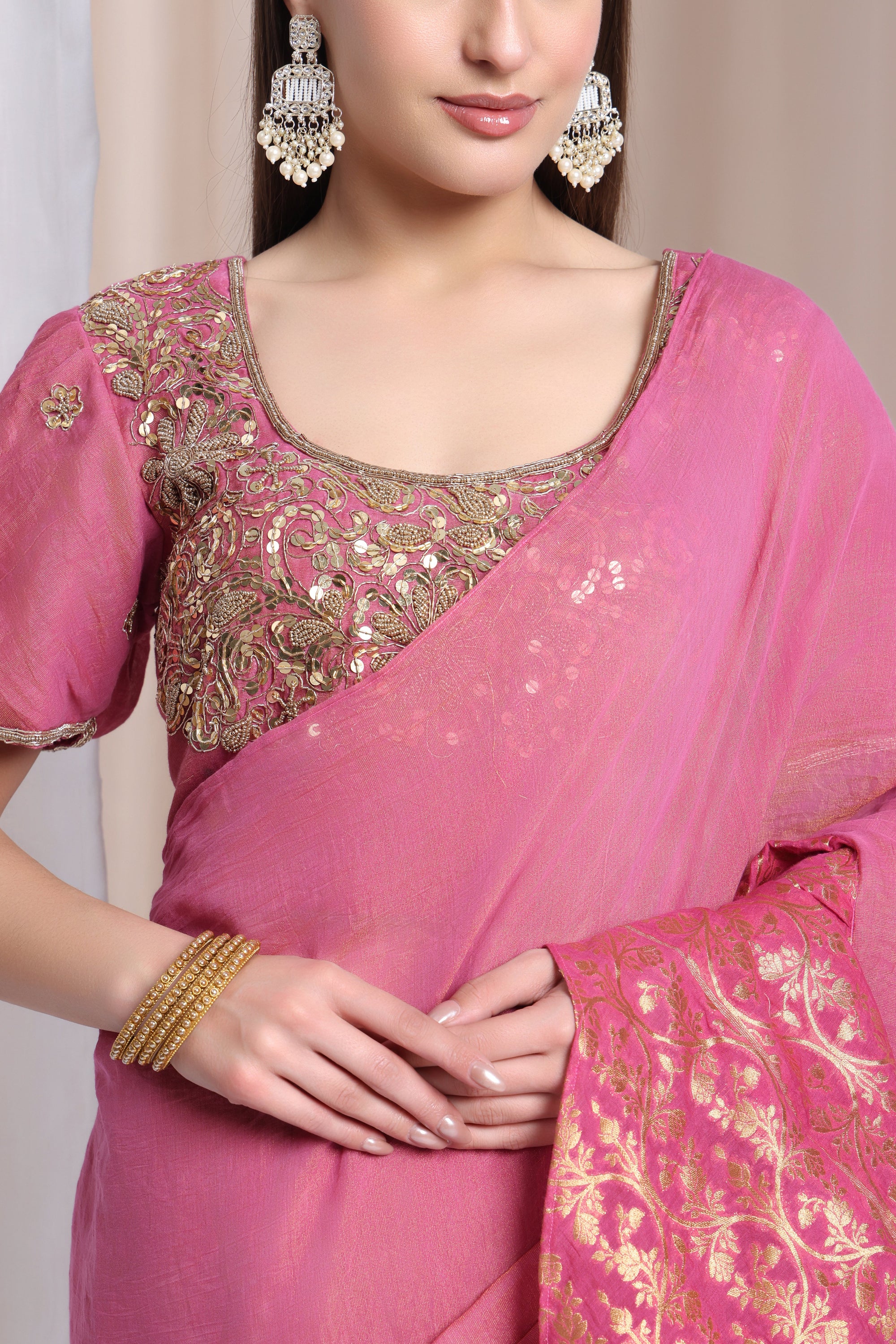 Zardozi Ruffle Saree with Blouse - Pink - Charkha TalesZardozi Ruffle Saree with Blouse - Pink