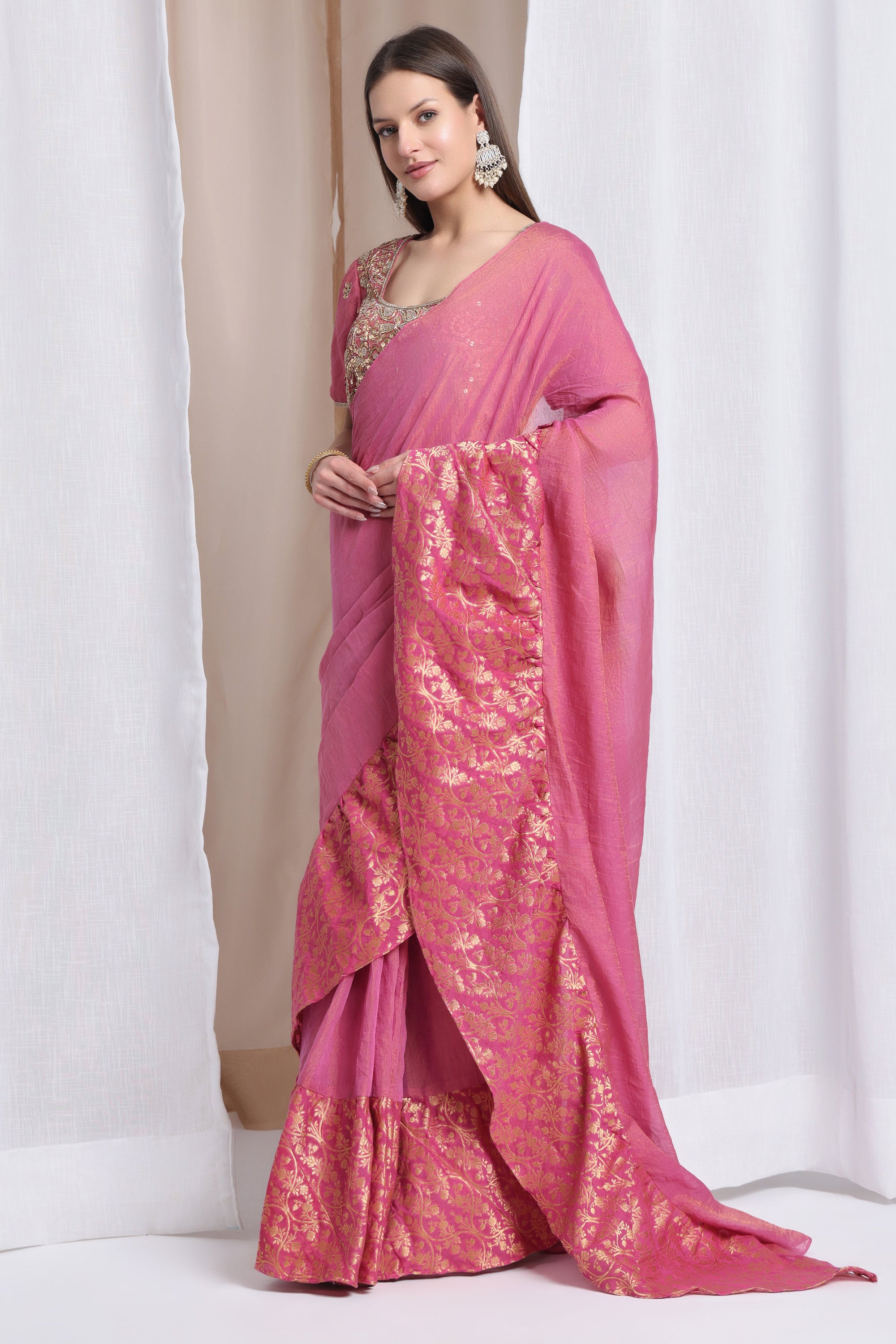 Zardozi Ruffle Saree with Blouse - Pink - Charkha TalesZardozi Ruffle Saree with Blouse - Pink