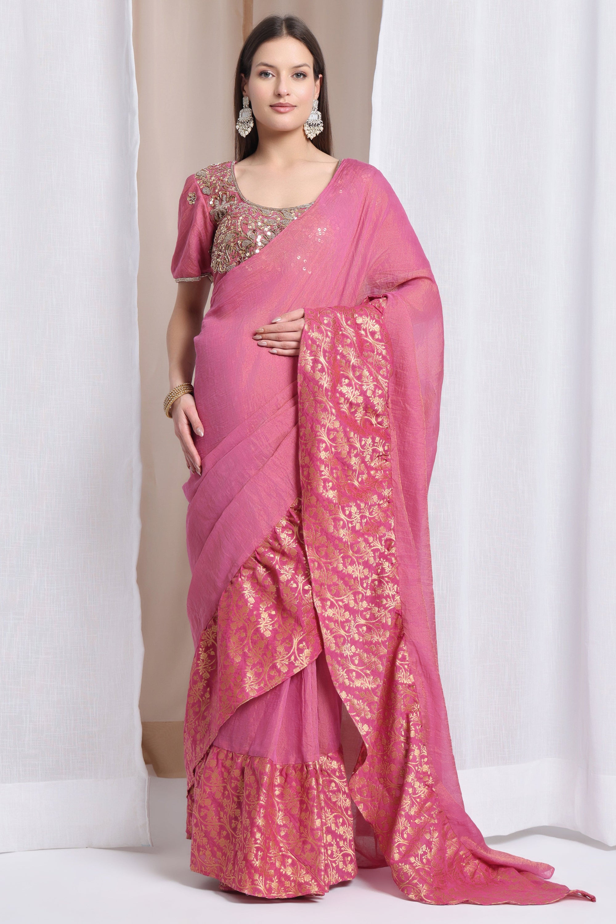 Zardozi Ruffle Saree with Blouse - Pink - Charkha TalesZardozi Ruffle Saree with Blouse - Pink