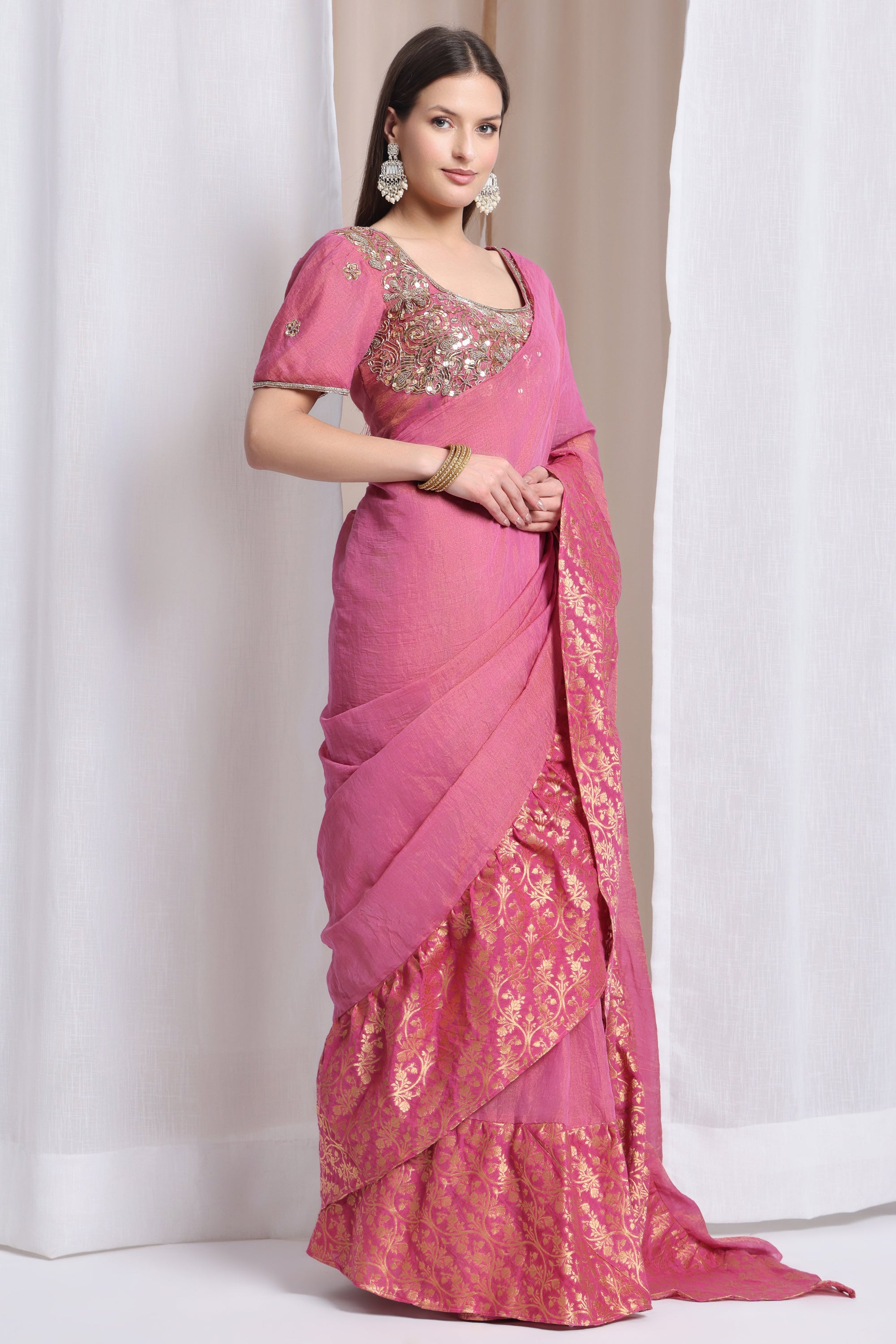 Zardozi Ruffle Saree with Blouse - Pink - Charkha TalesZardozi Ruffle Saree with Blouse - Pink
