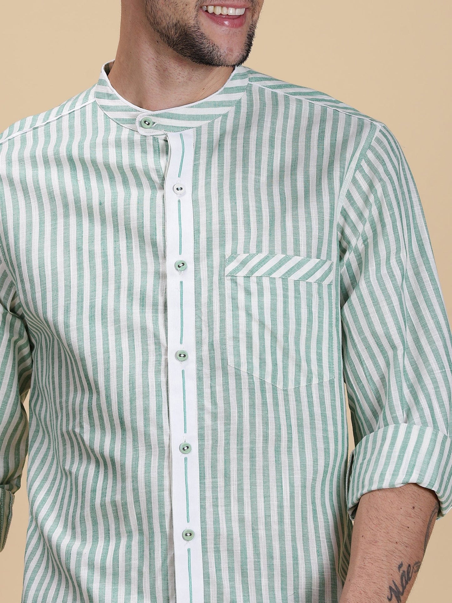 Dark Green Striped Linen  Men Shirt