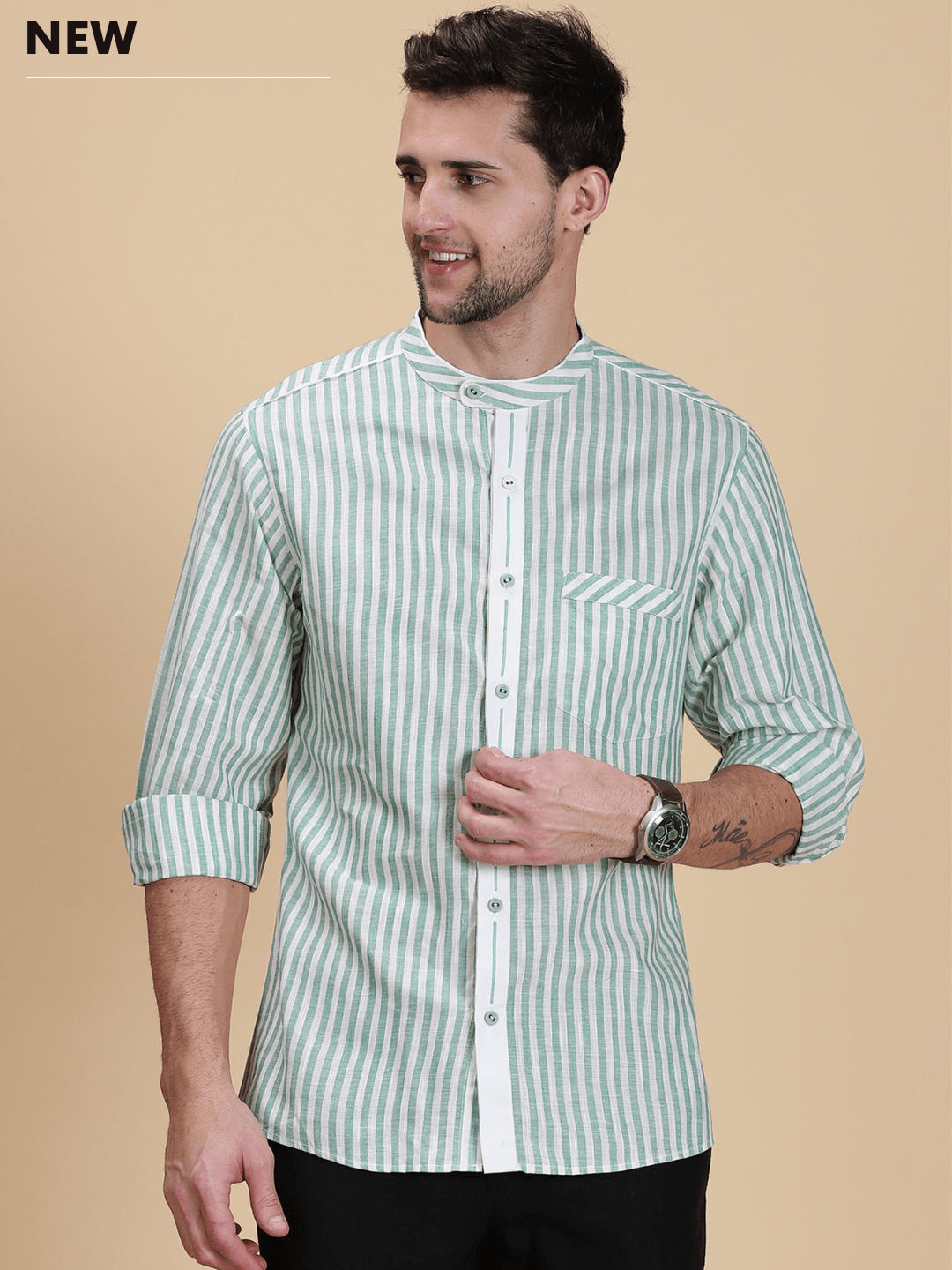 Dark Green Striped Linen Men's Shirt, A pure khadi shirt, Cotton Shirt for men, Casual Shirt- Charkha  Tales