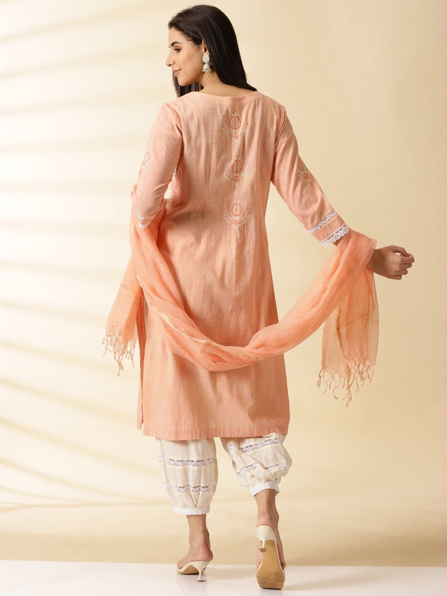 A - Line Kurta Set - Peach - Charkha TalesA - Line Kurta Set - Peach