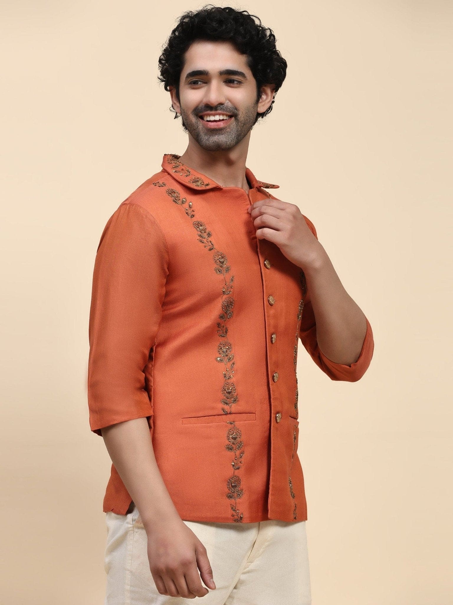 Aari Zardozi Katan Silk Jacket - Rust Orange - Charkha TalesAari Zardozi Katan Silk Jacket - Rust Orange