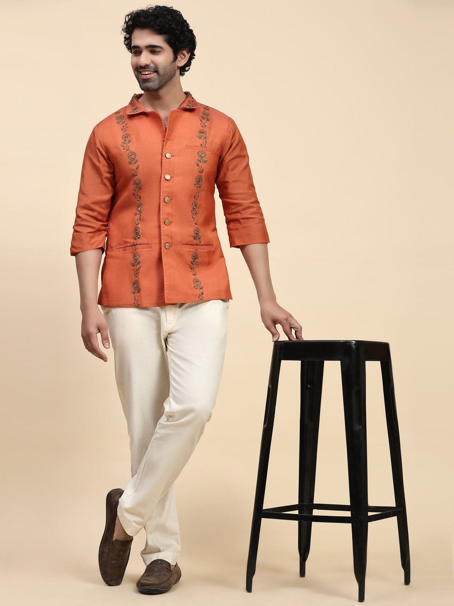 Aari Zardozi Katan Silk Jacket - Rust Orange - Charkha TalesAari Zardozi Katan Silk Jacket - Rust Orange