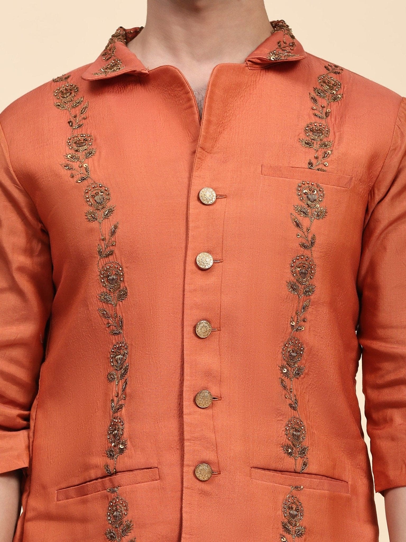 Aari Zardozi Katan Silk Jacket - Rust Orange - Charkha TalesAari Zardozi Katan Silk Jacket - Rust Orange
