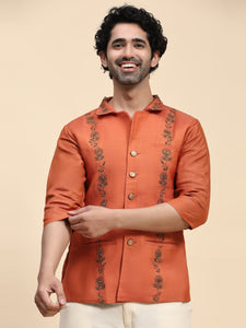 Aari Zardozi Katan Silk Jacket - Rust Orange
