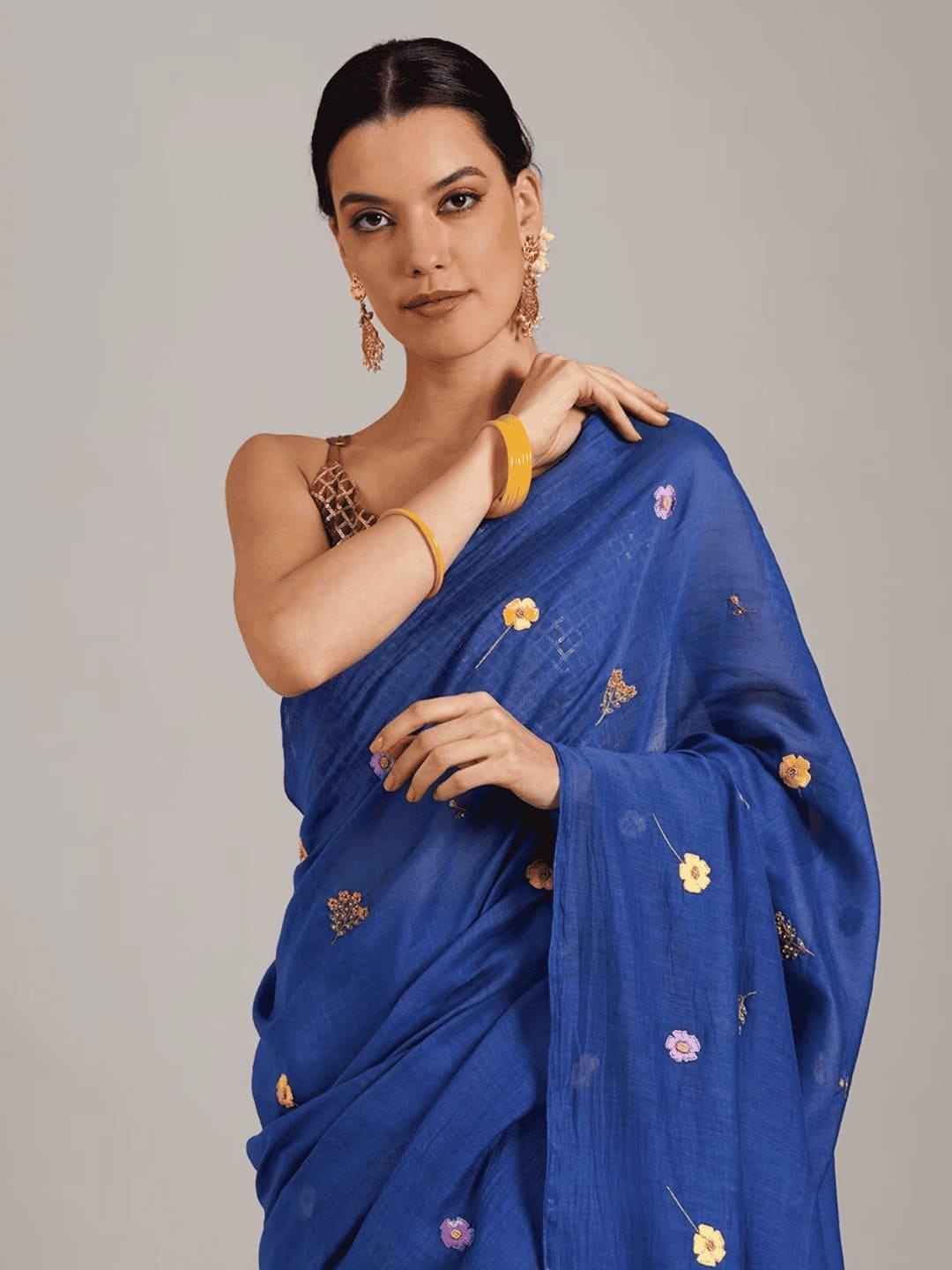 Adda Work Silk Chanderi Saree - Blue - Charkha TalesAdda Work Silk Chanderi Saree - Blue