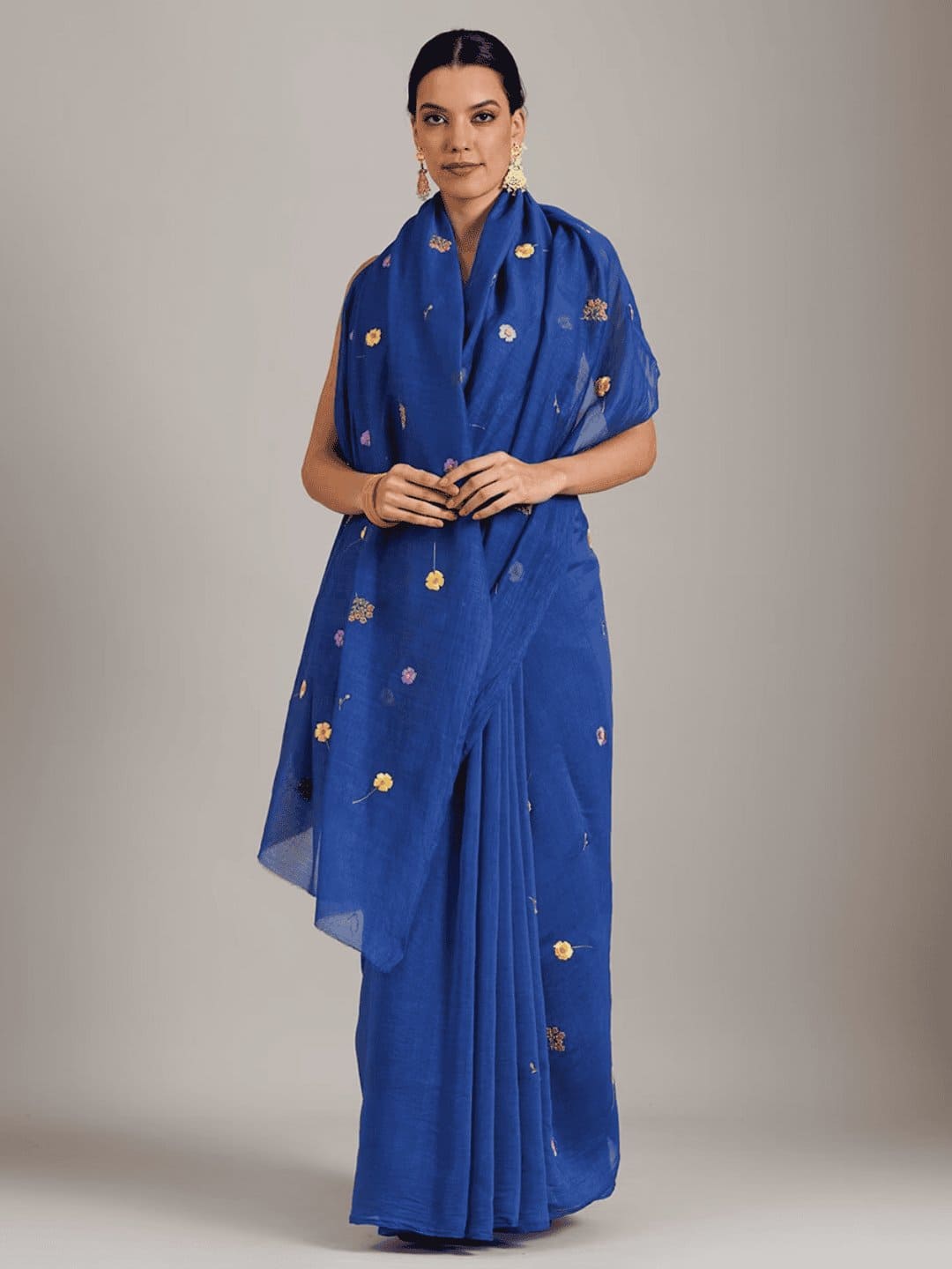 Adda Work Silk Chanderi Saree - Blue - Charkha TalesAdda Work Silk Chanderi Saree - Blue