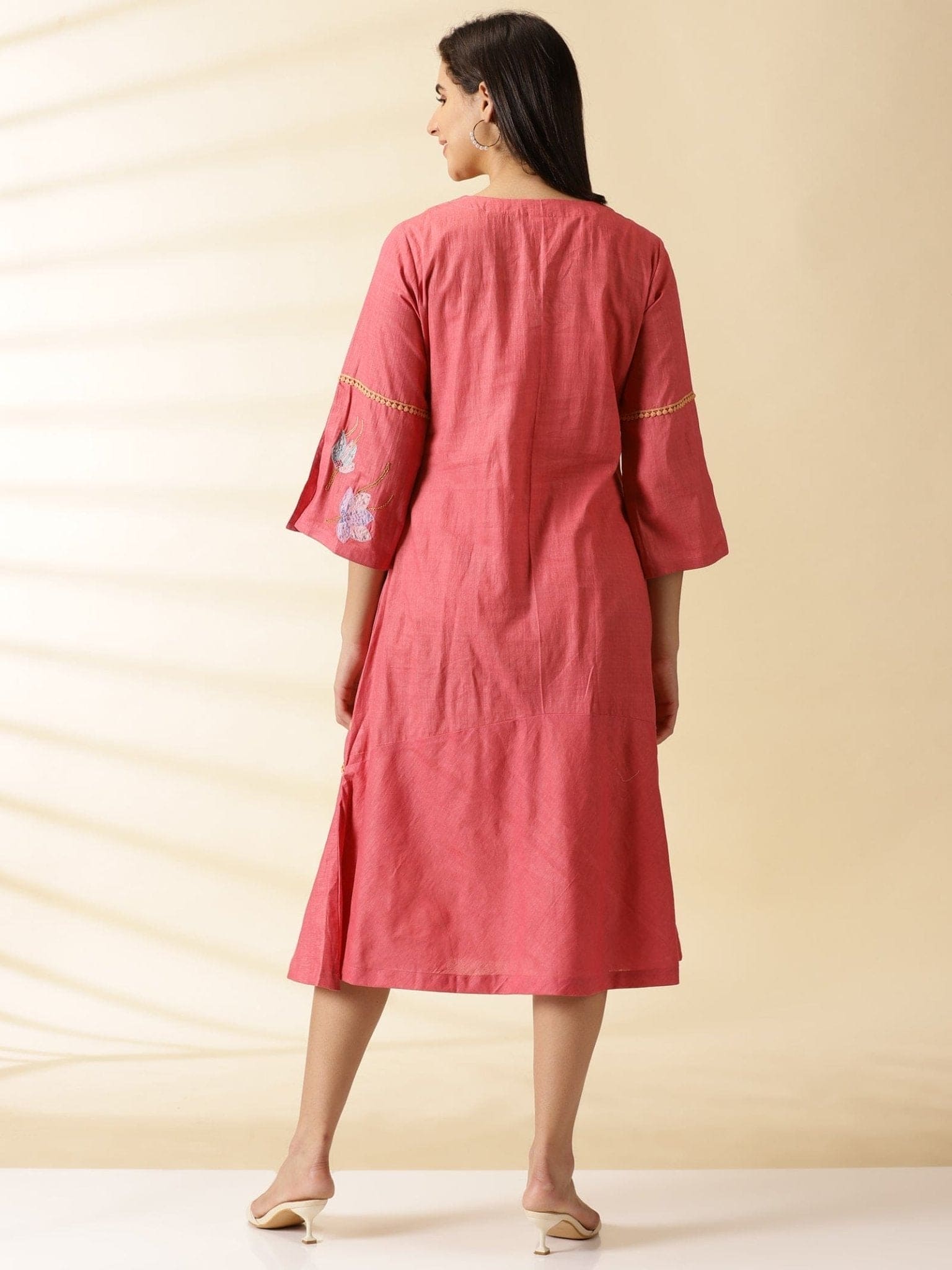 Applique Work Women Cotton Dress - Rosy Pink - Charkha TalesApplique Work Women Cotton Dress - Rosy Pink