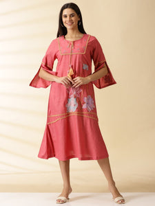 Applique Work Women Cotton Dress - Rosy Pink