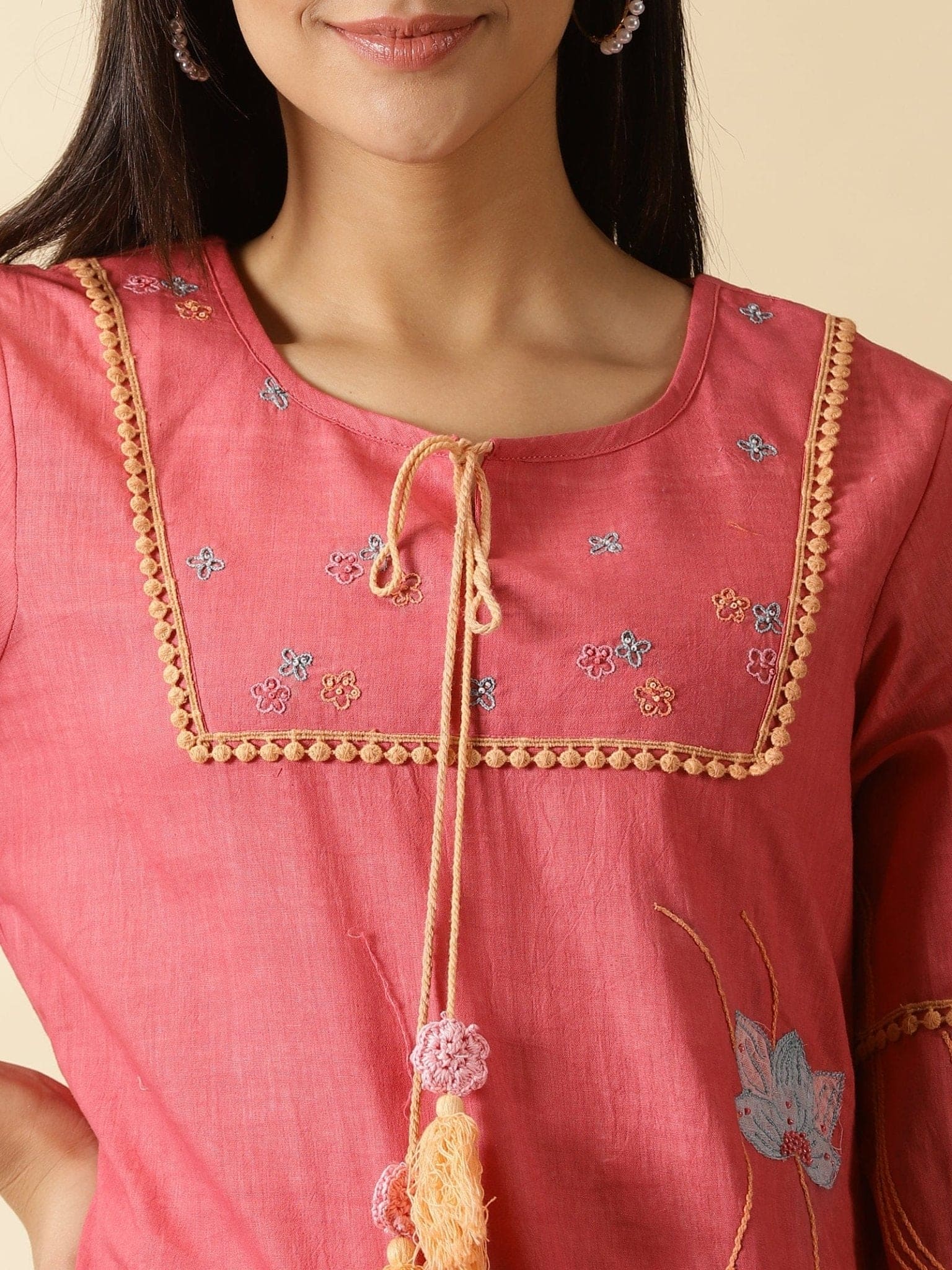 Applique Work Women Cotton Dress - Rosy Pink - Charkha TalesApplique Work Women Cotton Dress - Rosy Pink
