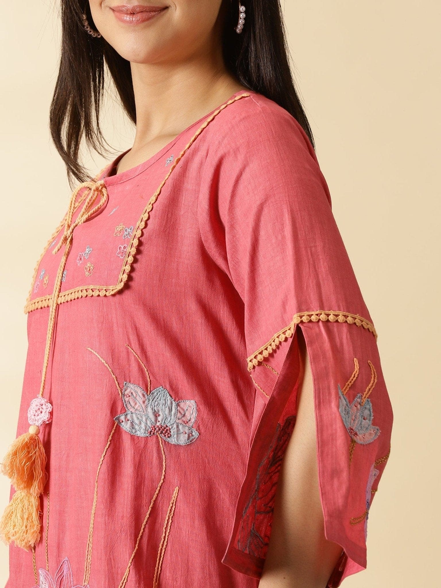 Applique Work Women Cotton Dress - Rosy Pink - Charkha TalesApplique Work Women Cotton Dress - Rosy Pink